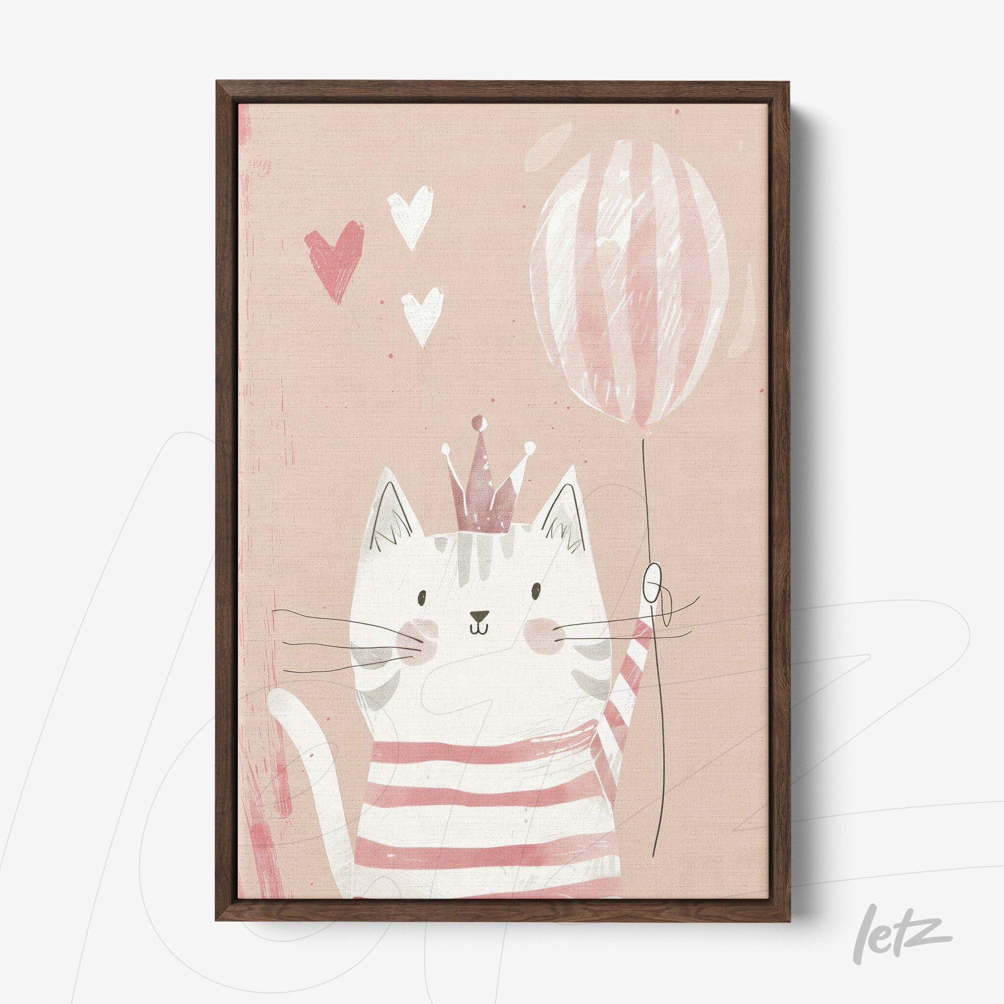 framed wall art featuring a playful cat holding a balloon, set against a pink background with hearts and dark wood frame