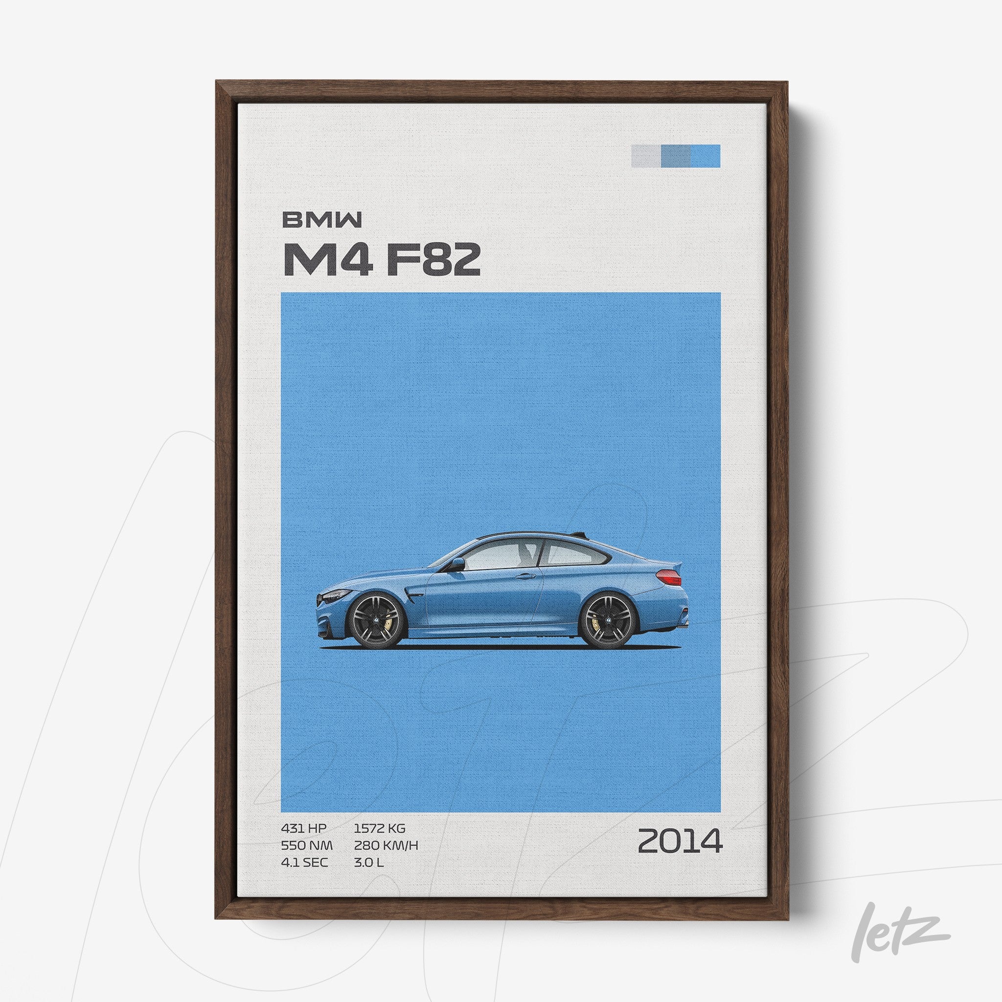 framed wall art featuring a stylized illustration of the BMW M4 F82 on a blue background with technical specifications