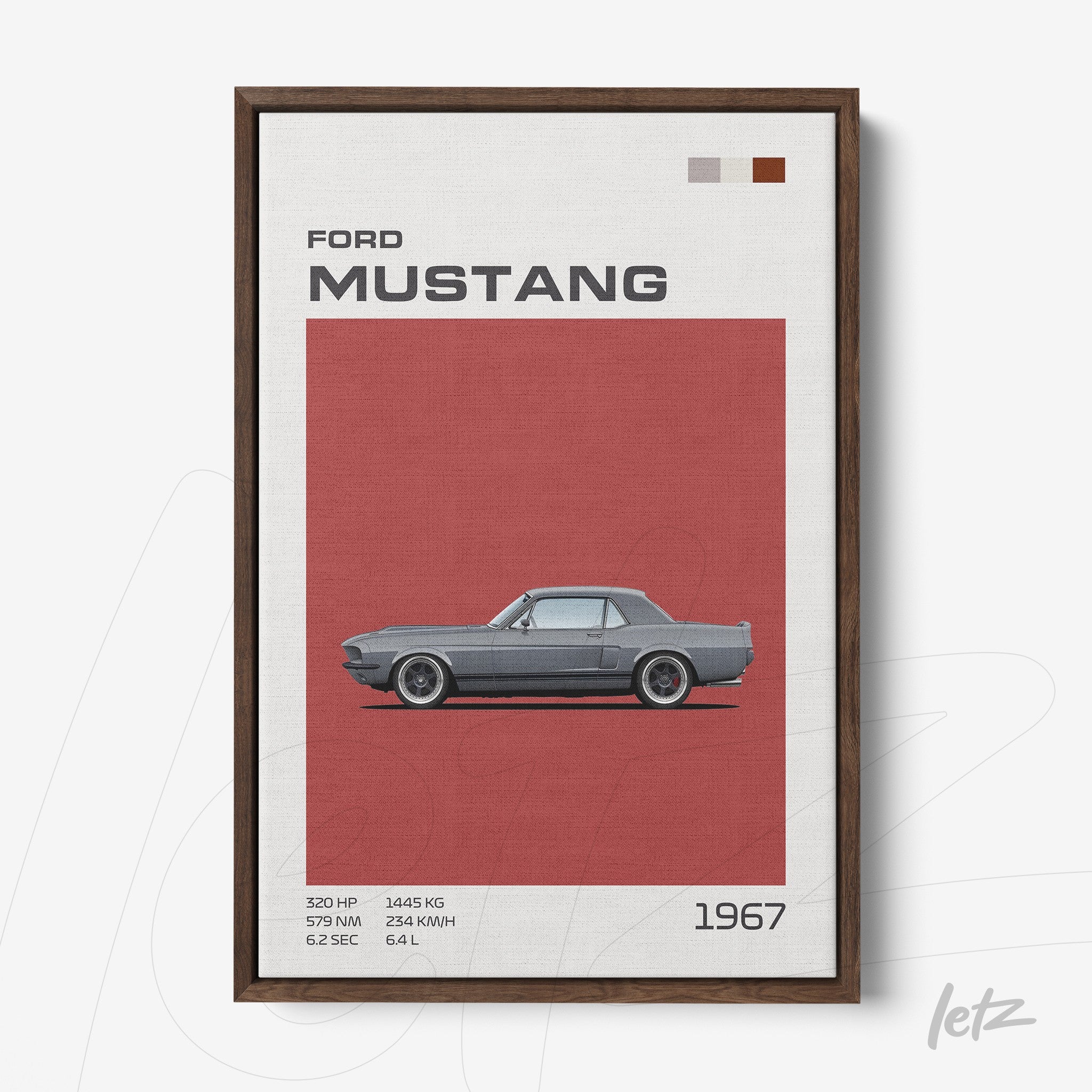 framed wall art of 1967 Ford Mustang with a red background and brown frame