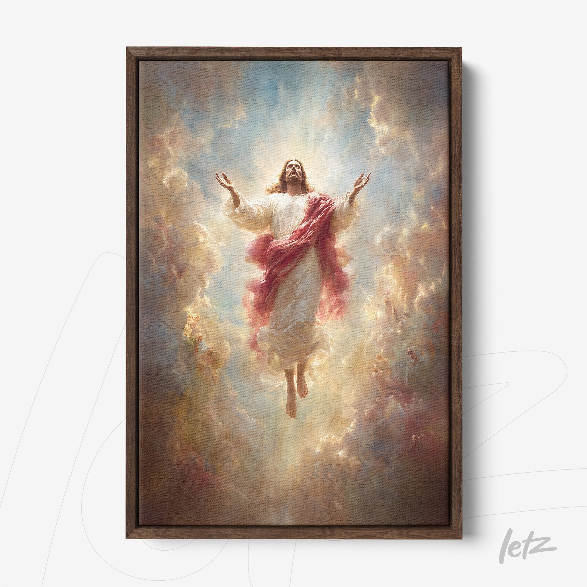 framed religious art depicting Jesus ascending among clouds with a dark wooden frame