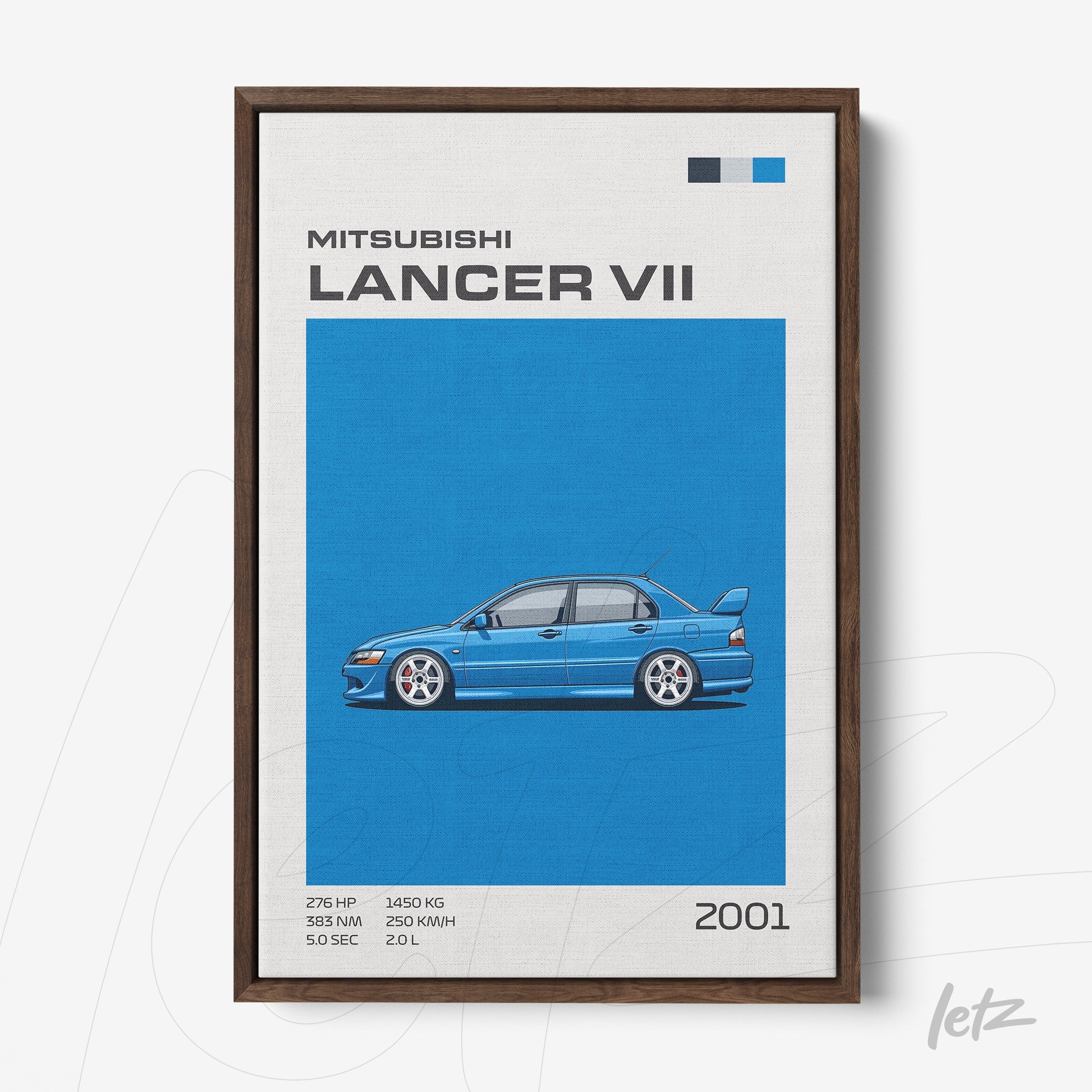 canvas print featuring an illustration of Mitsubishi Lancer VII on vibrant blue background with dark wooden frame