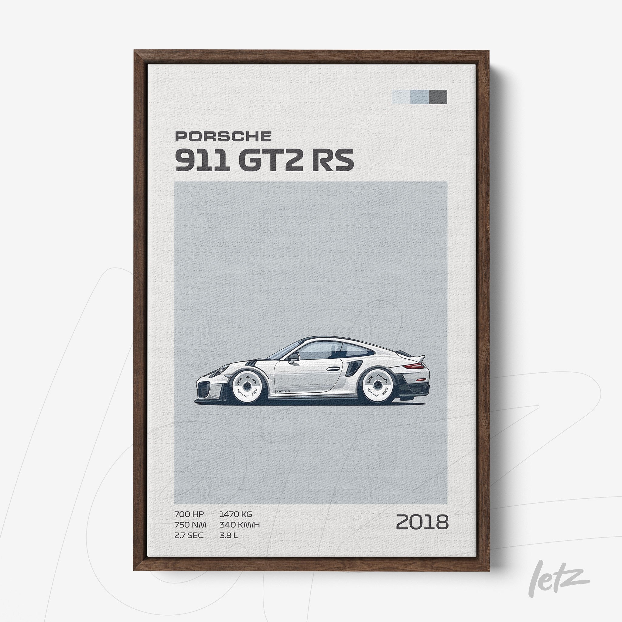 minimalist wall art of Porsche 911 GT2 RS vehicle in dark wood frame