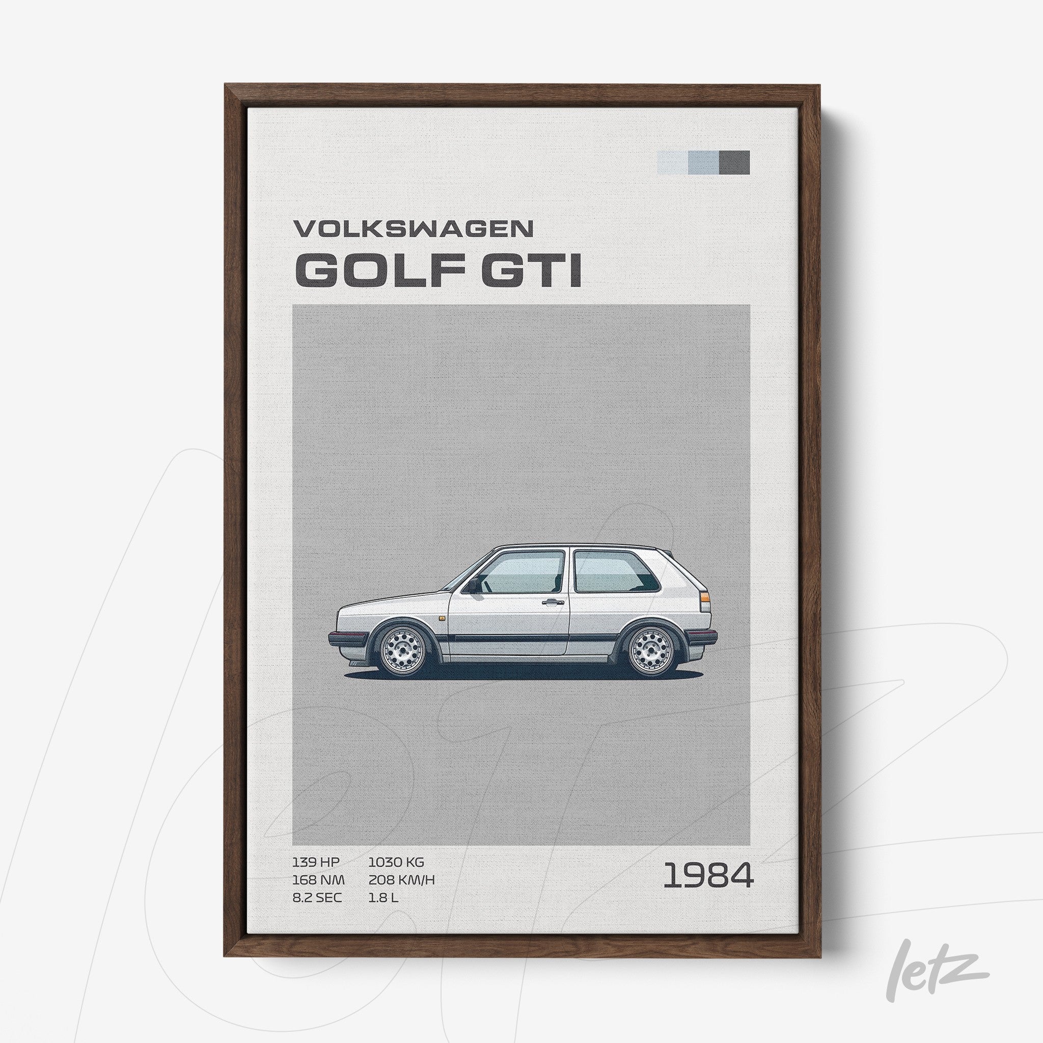 framed artwork featuring the Volkswagen Golf GTI car illustration with dark wooden frame