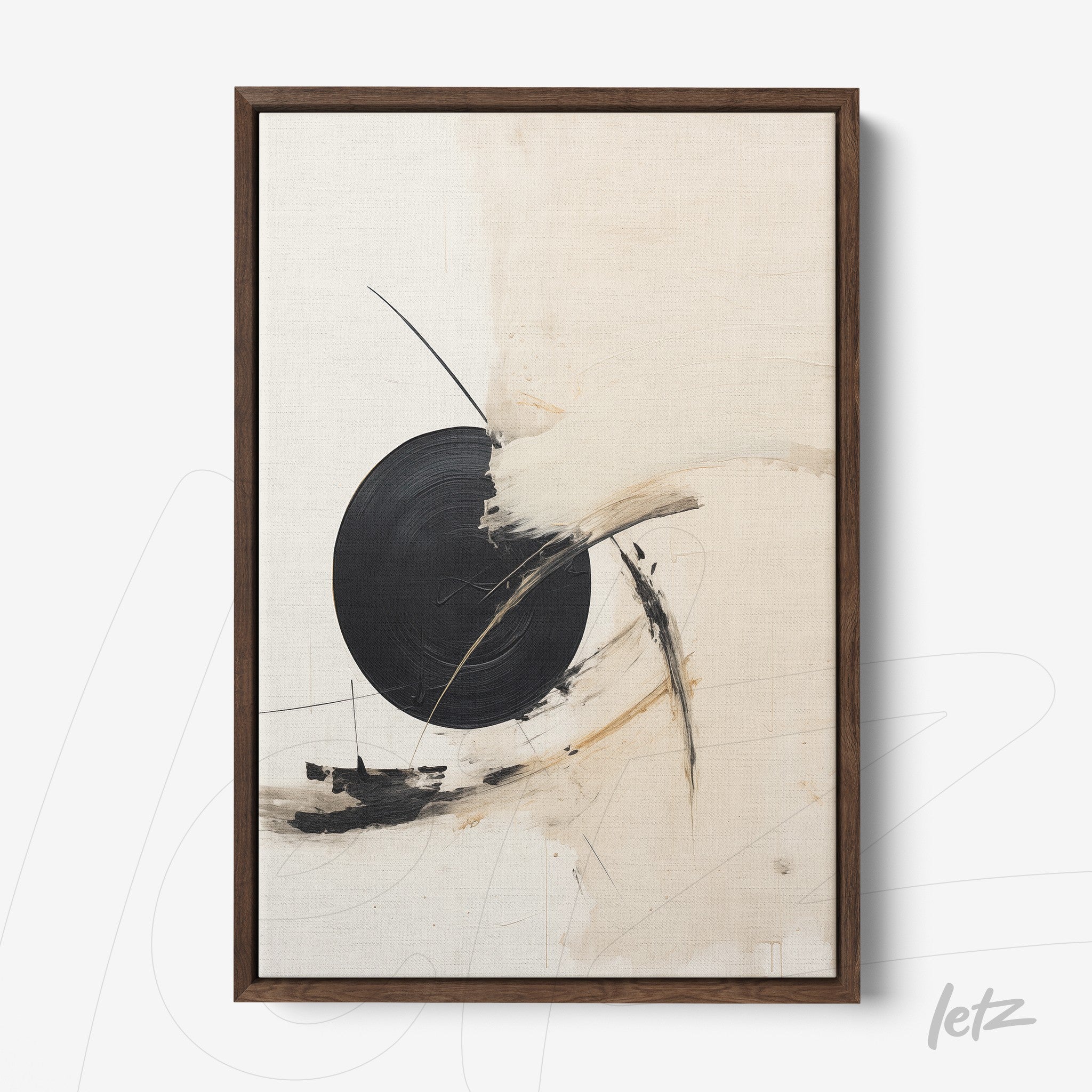 abstract wall art featuring geometric shapes in neutral tones with a prominent black circle set in a dark wooden frame