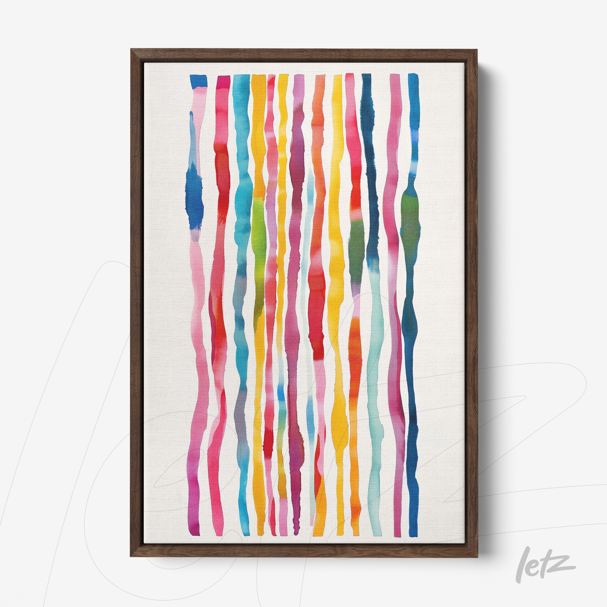 framed abstract watercolor art featuring colorful vertical lines in various shades with a dark wood frame