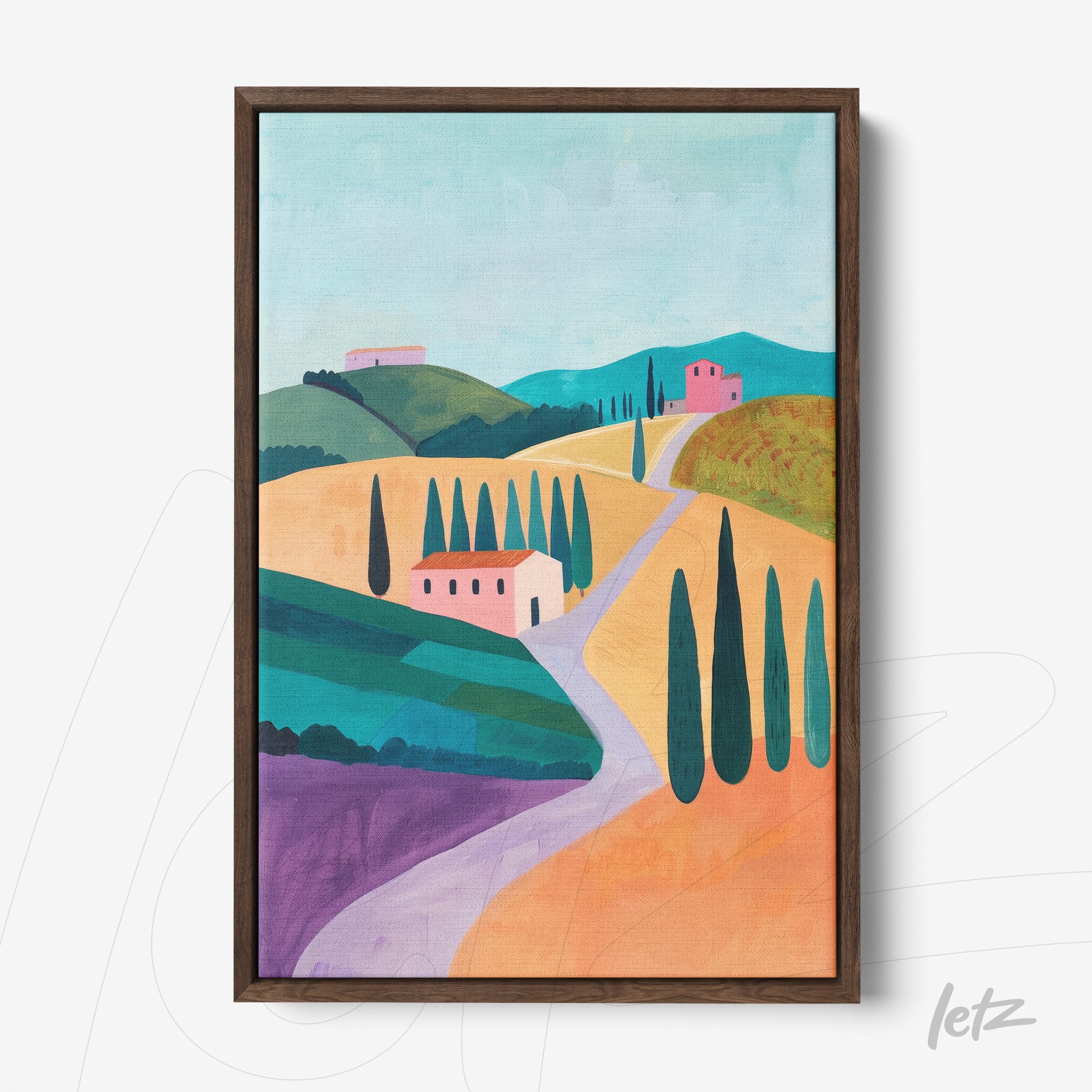 canvas print depicting a stylized rural landscape with green hills, cypress trees, and pink houses under a blue sky