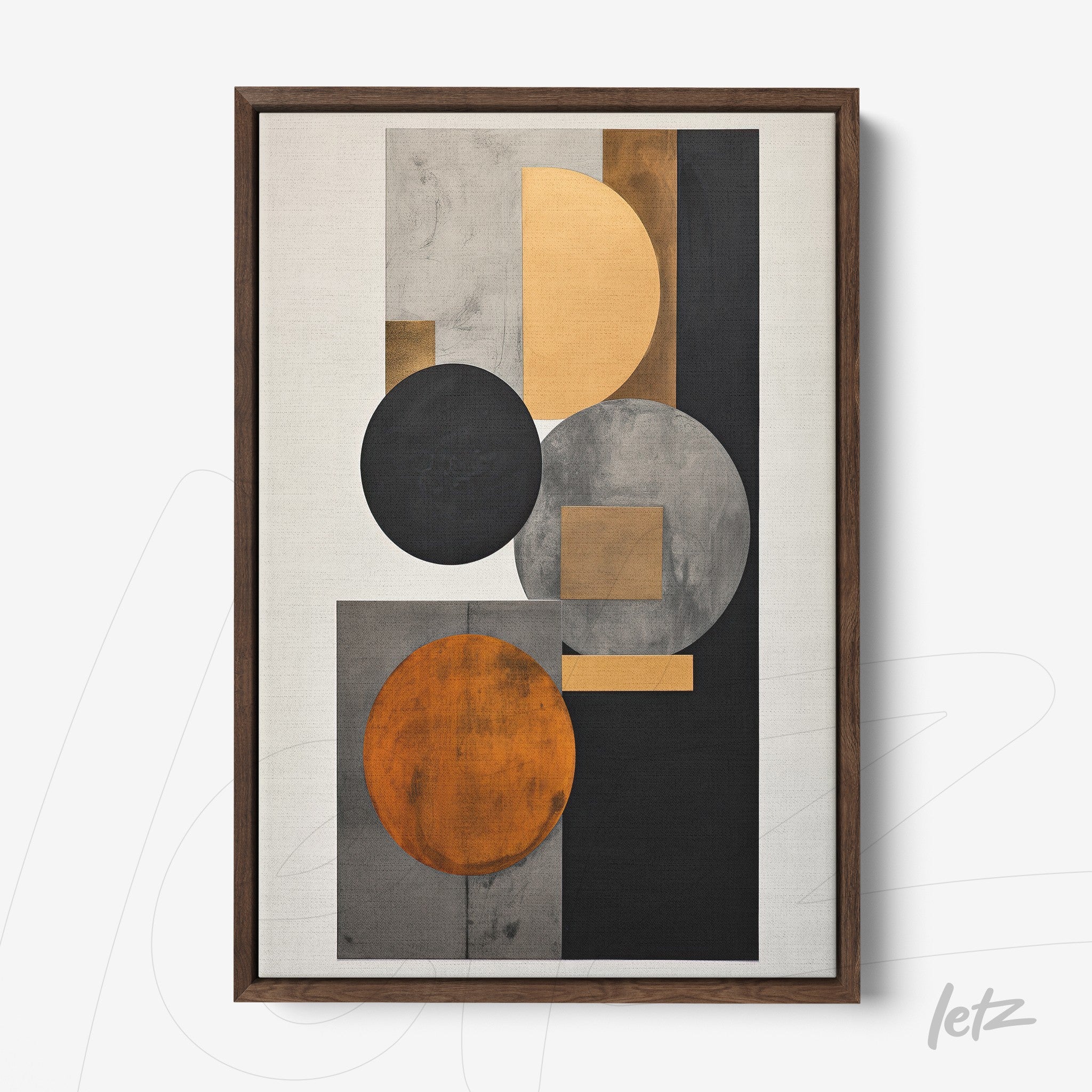 abstract wall art featuring golden, black, and orange tones in a dark wood frame