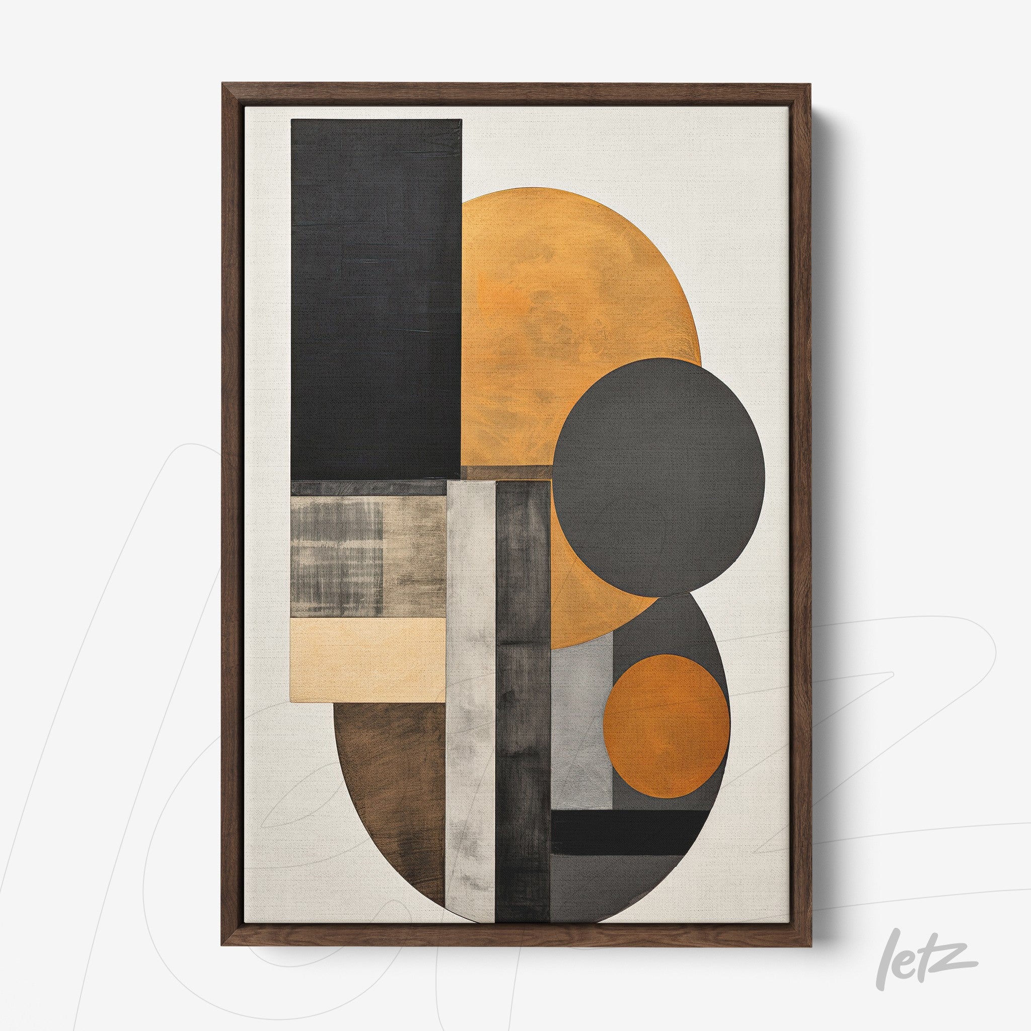 framed abstract wall art in orange and black tones featuring geometric shapes on a light background