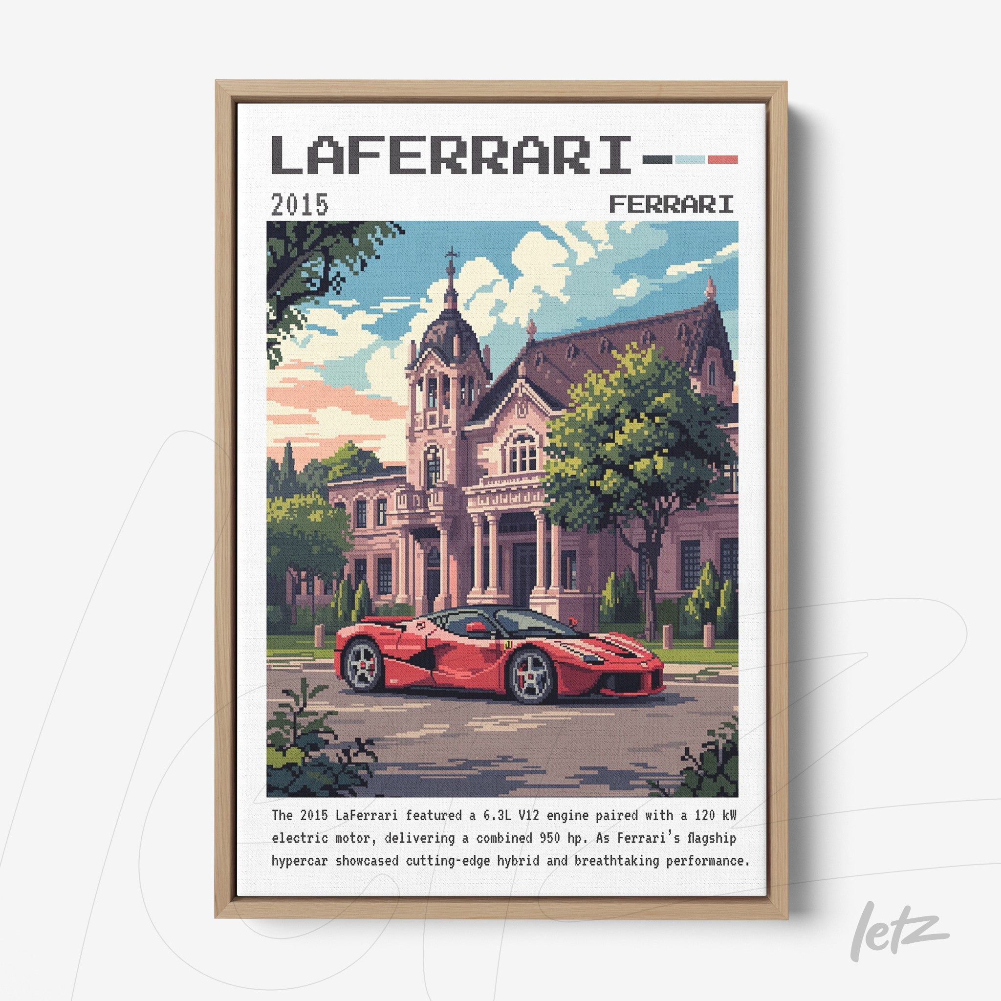 pixel art wall decor featuring a laferrari sports car in front of a retro-style mansion with light frame