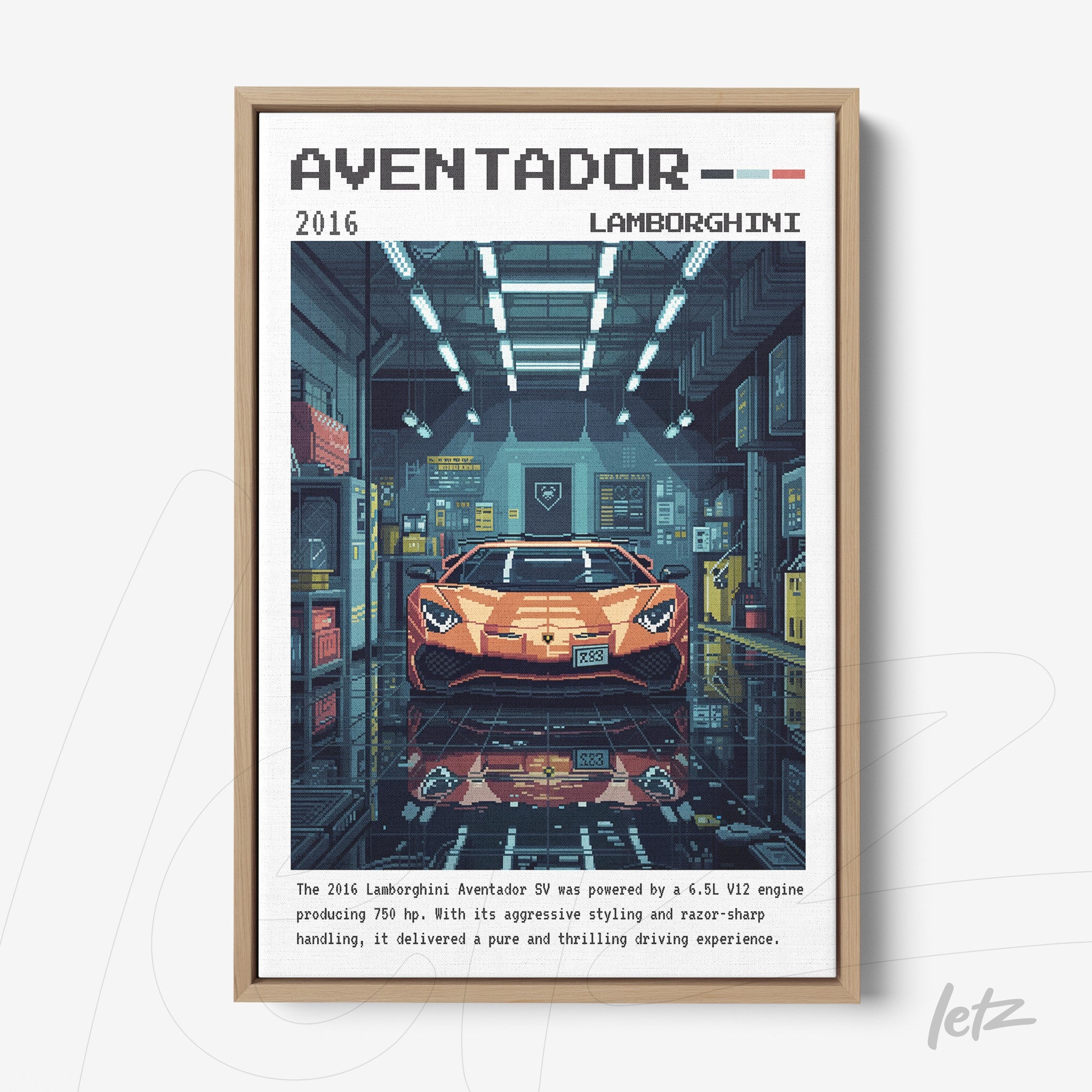 pixel art wall featuring a lamborghini aventador in a stylized garage environment with high-definition details