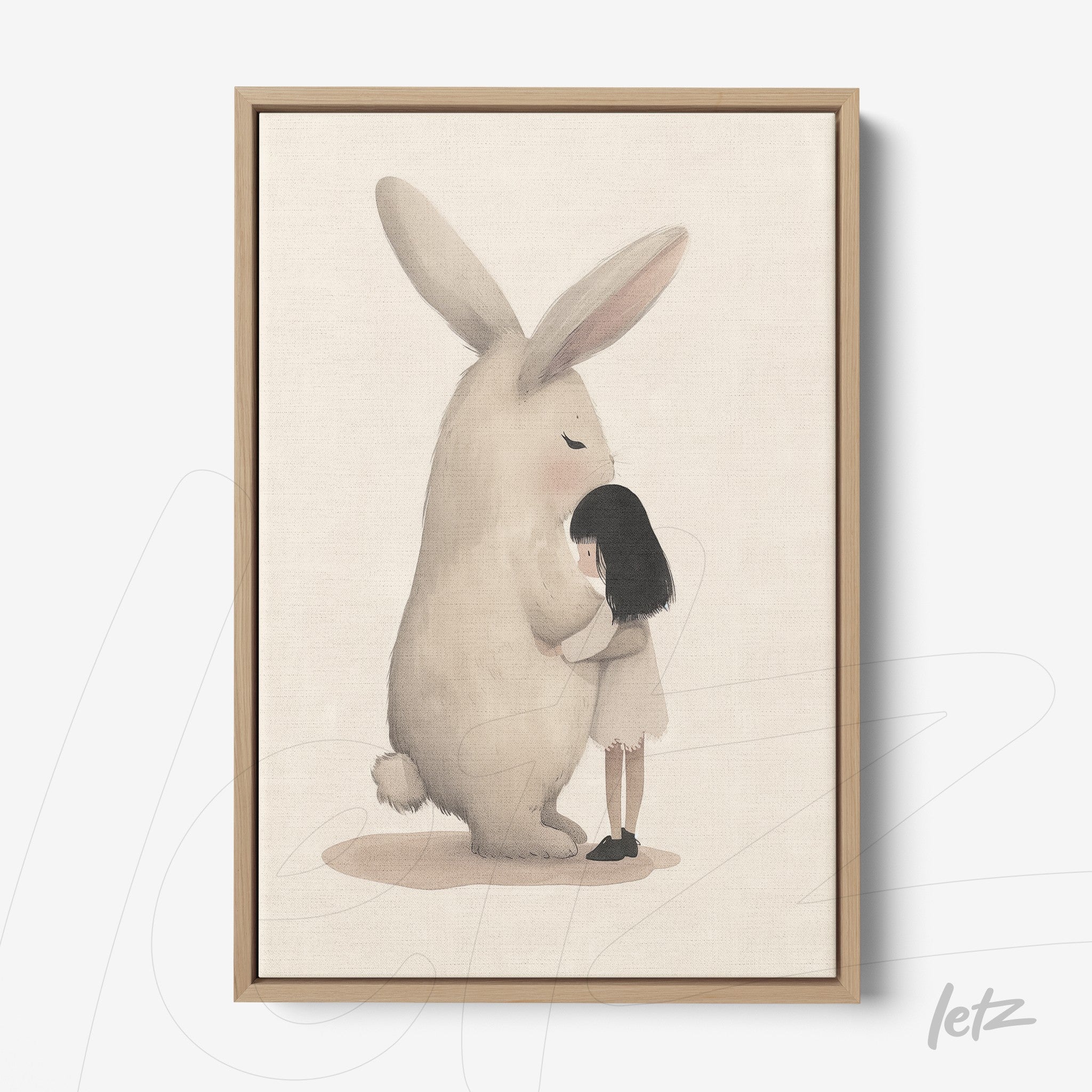 framed artwork of a girl hugging a giant rabbit in soft tones with light wood frame