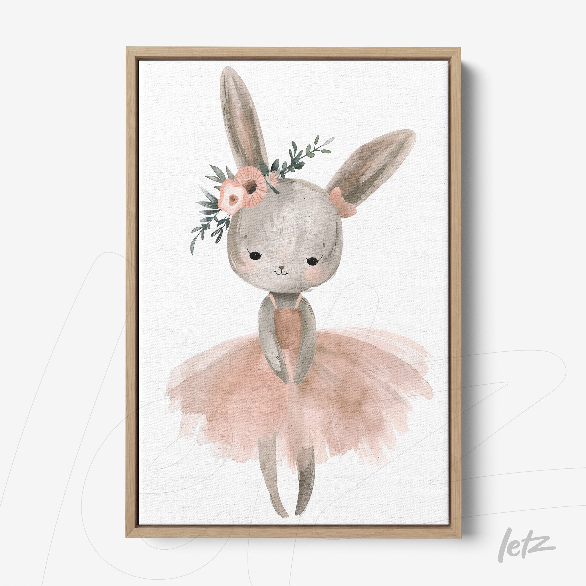 framed artwork of a cute bunny wearing a pink ballet dress and floral headband with light wood frame