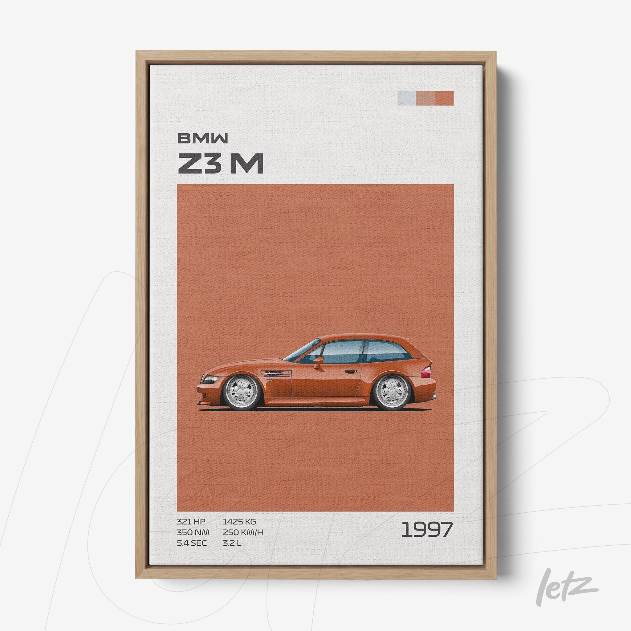 framed wall art featuring an illustration of the 1997 BMW Z3M with a light wood frame