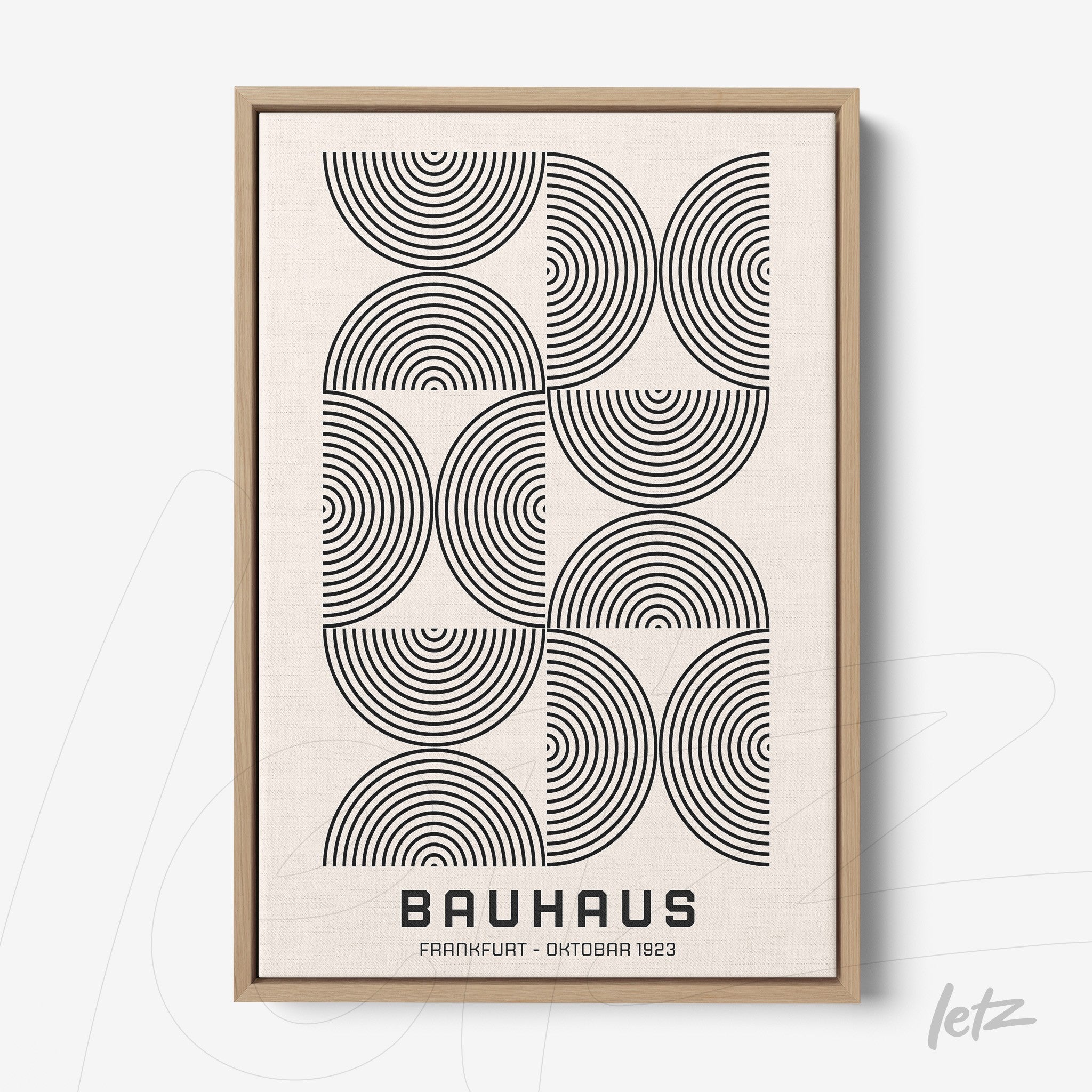 abstract geometric bauhaus style art with overlapping circles in light wood frame