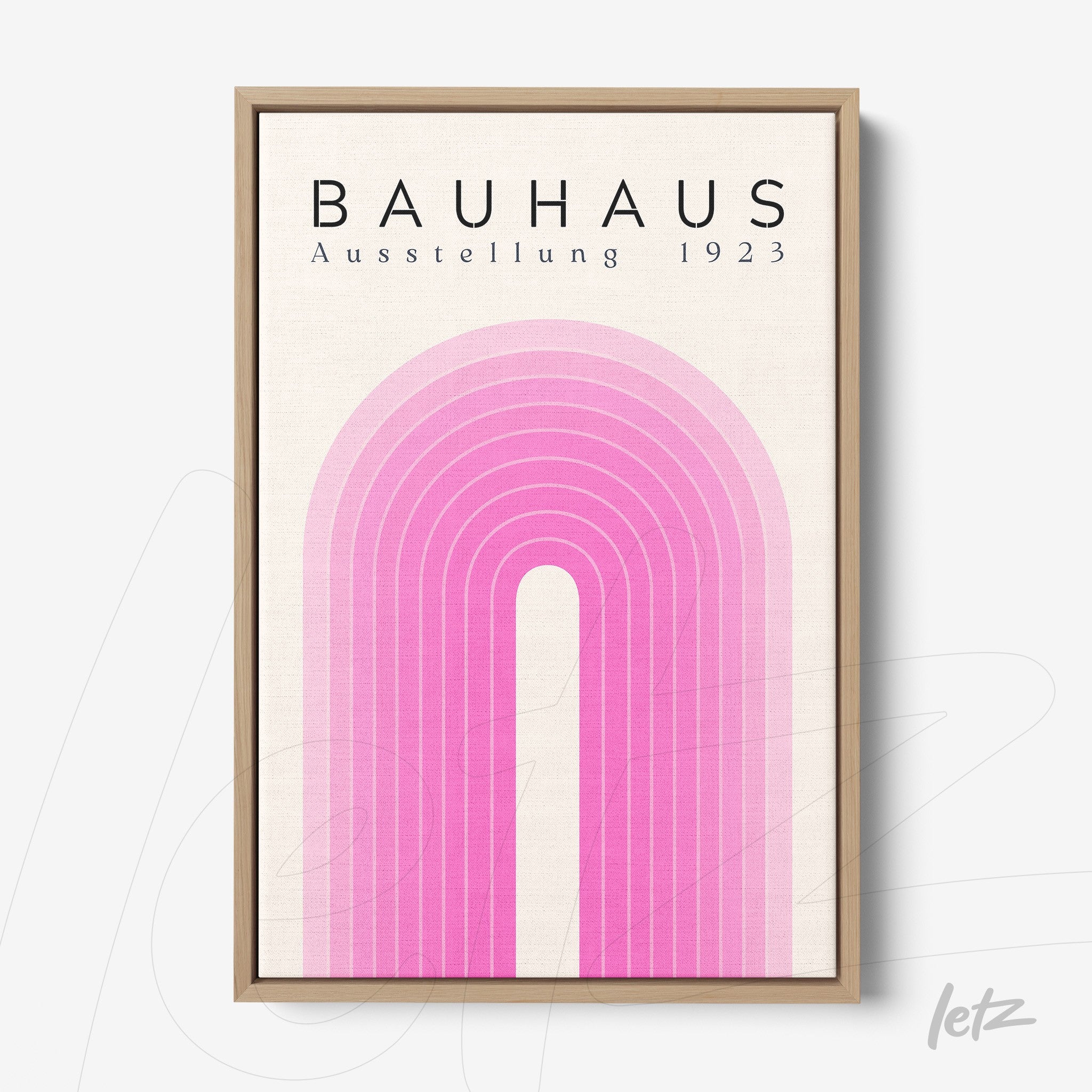 poster print with geometric design of pink arch lines in a thin light wood frame
