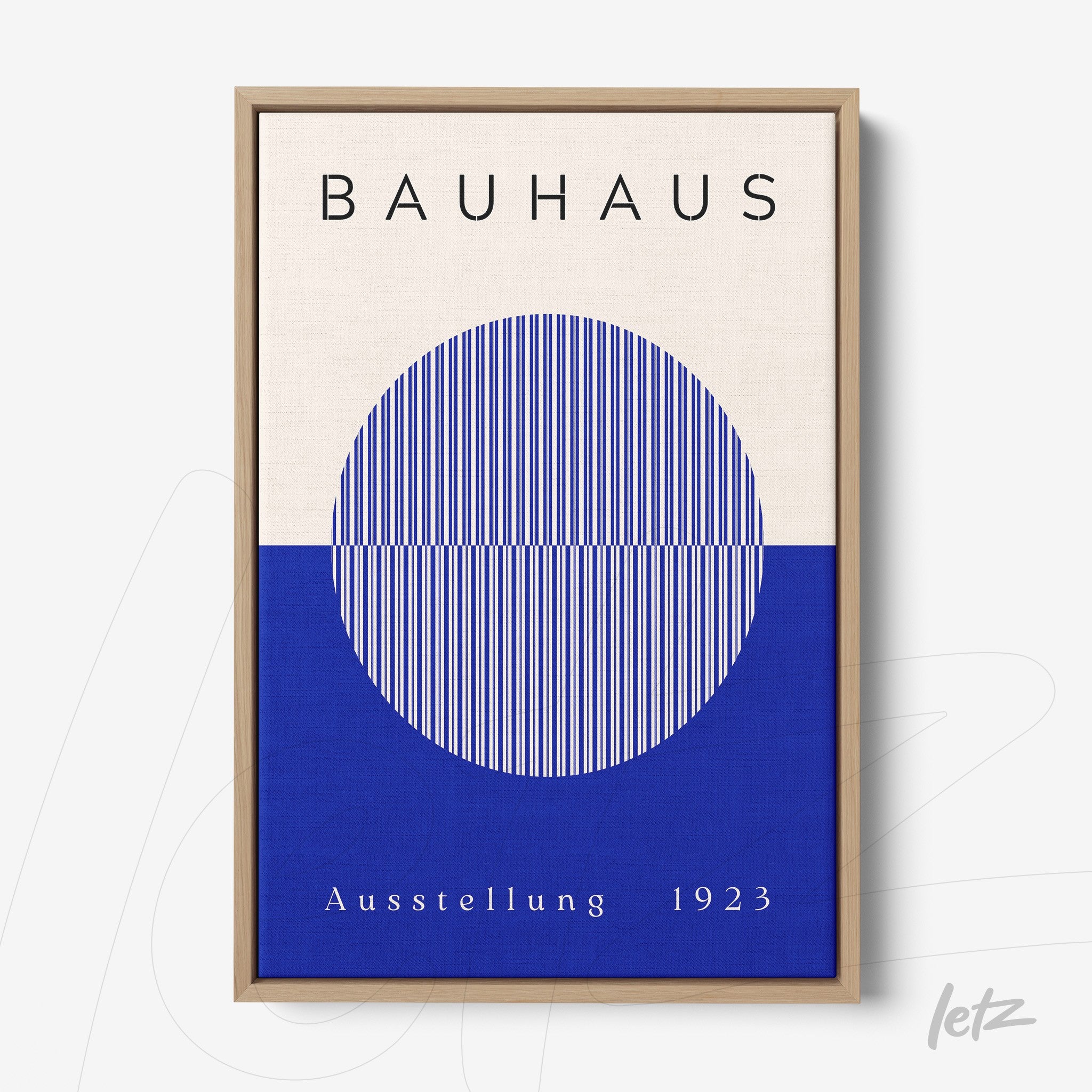 canvas print featuring bauhaus-inspired design with vertically striped circle in blue and white in light wood frame