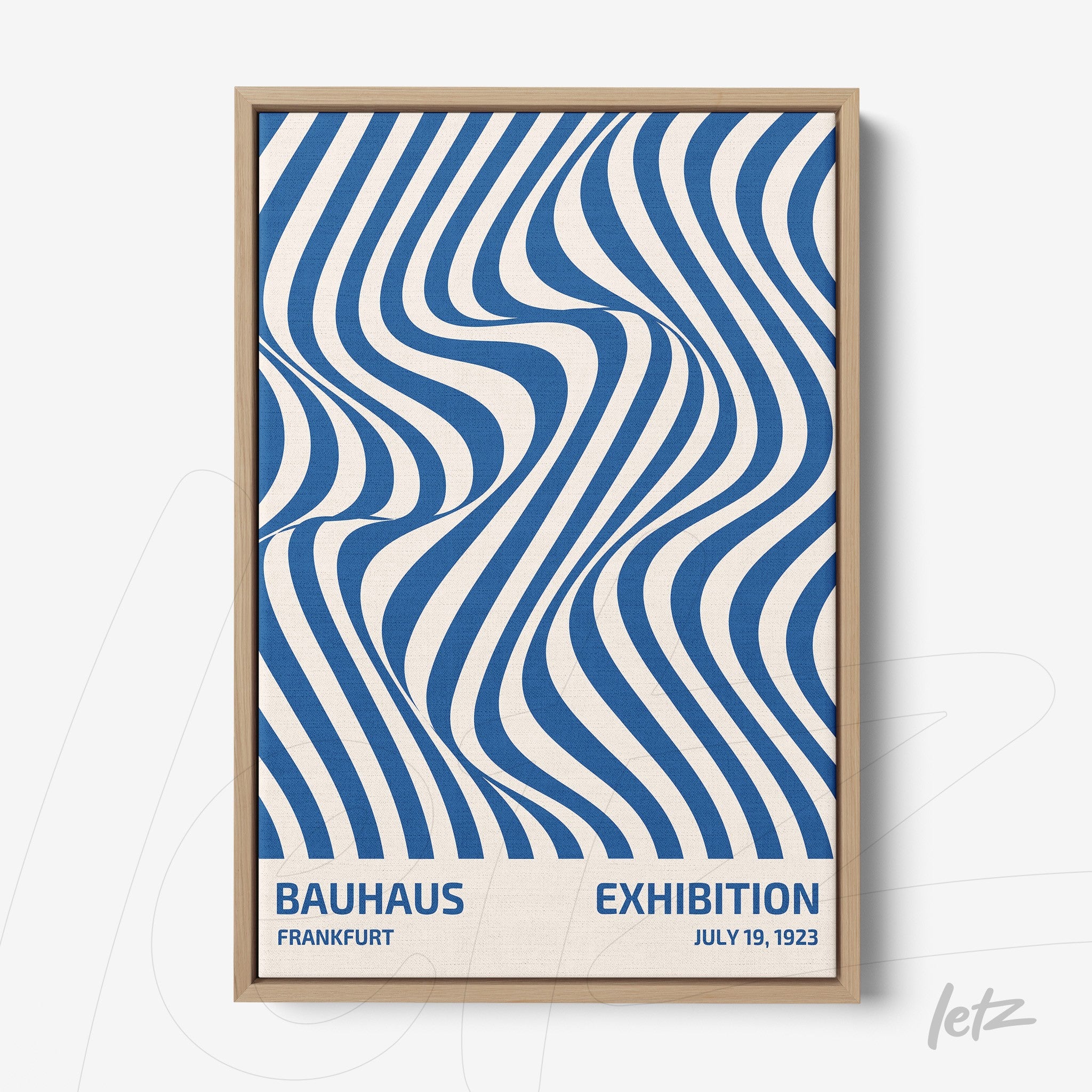 printed poster with blue and white wavy geometric design, displayed in a light wood frame