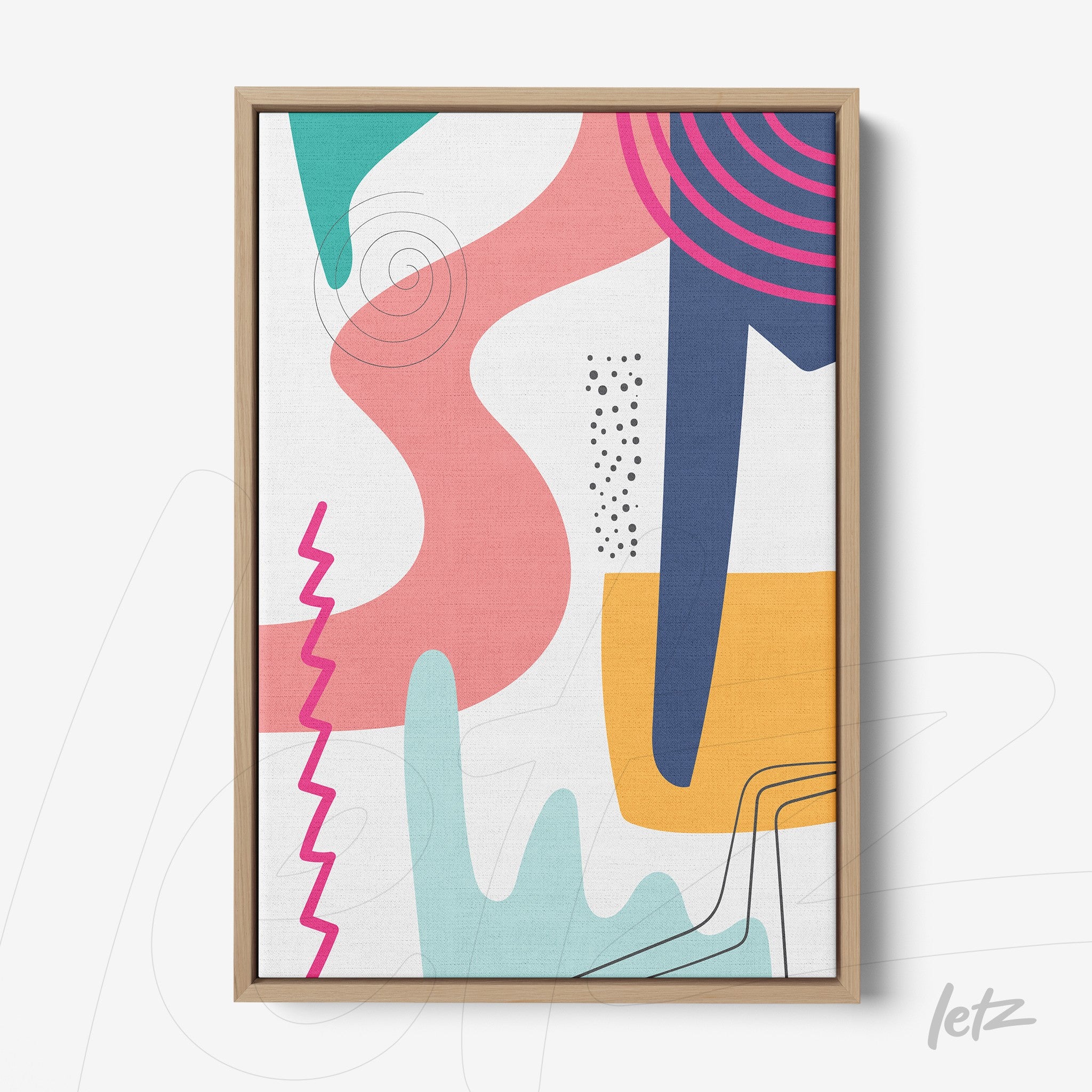 quadro estilo abstrato com formas geométricas coloridas e moldura de madeira clara