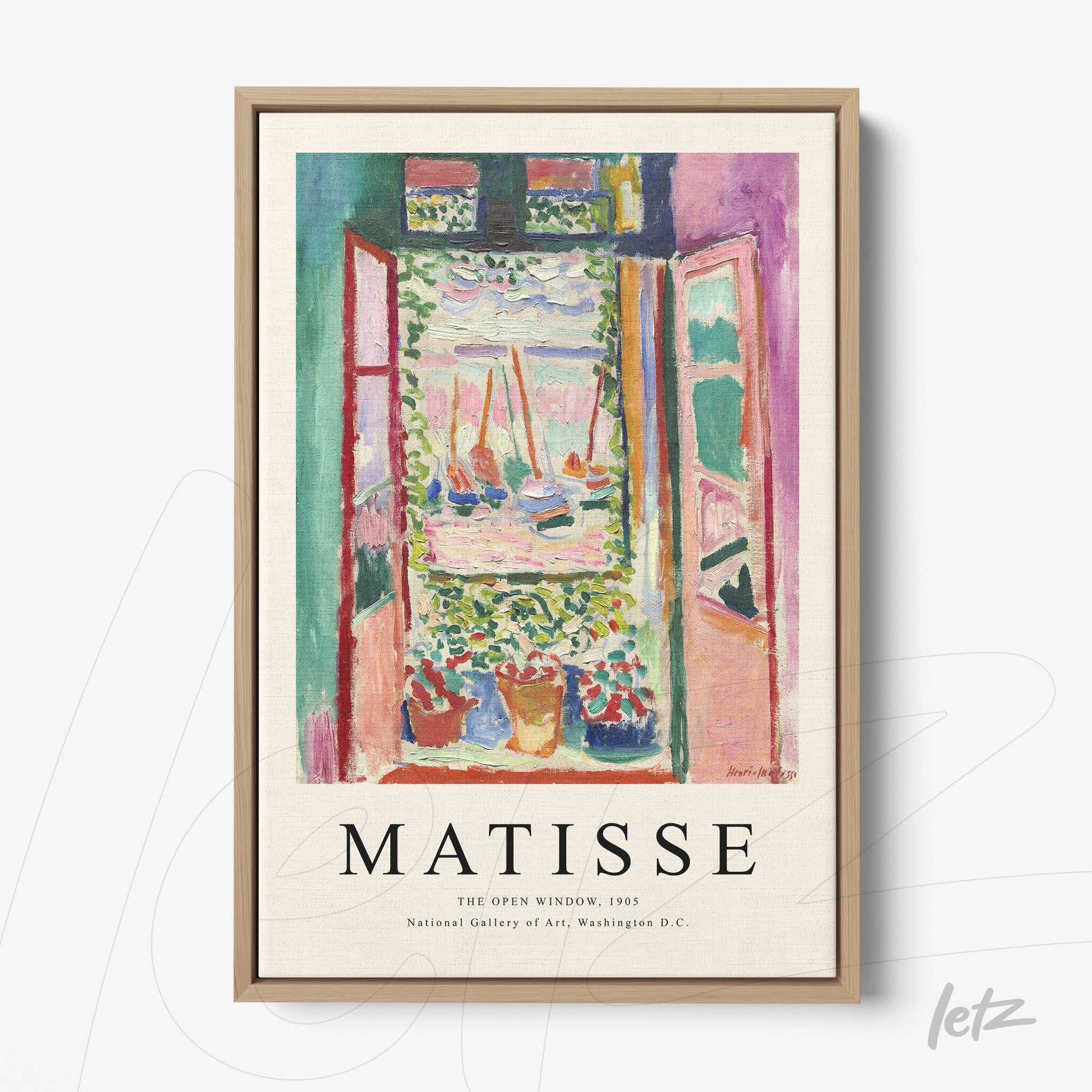 framed artwork by matisse featuring an open window with vibrant colors, showcasing potted flowers and a colorful view, in light wooden frame