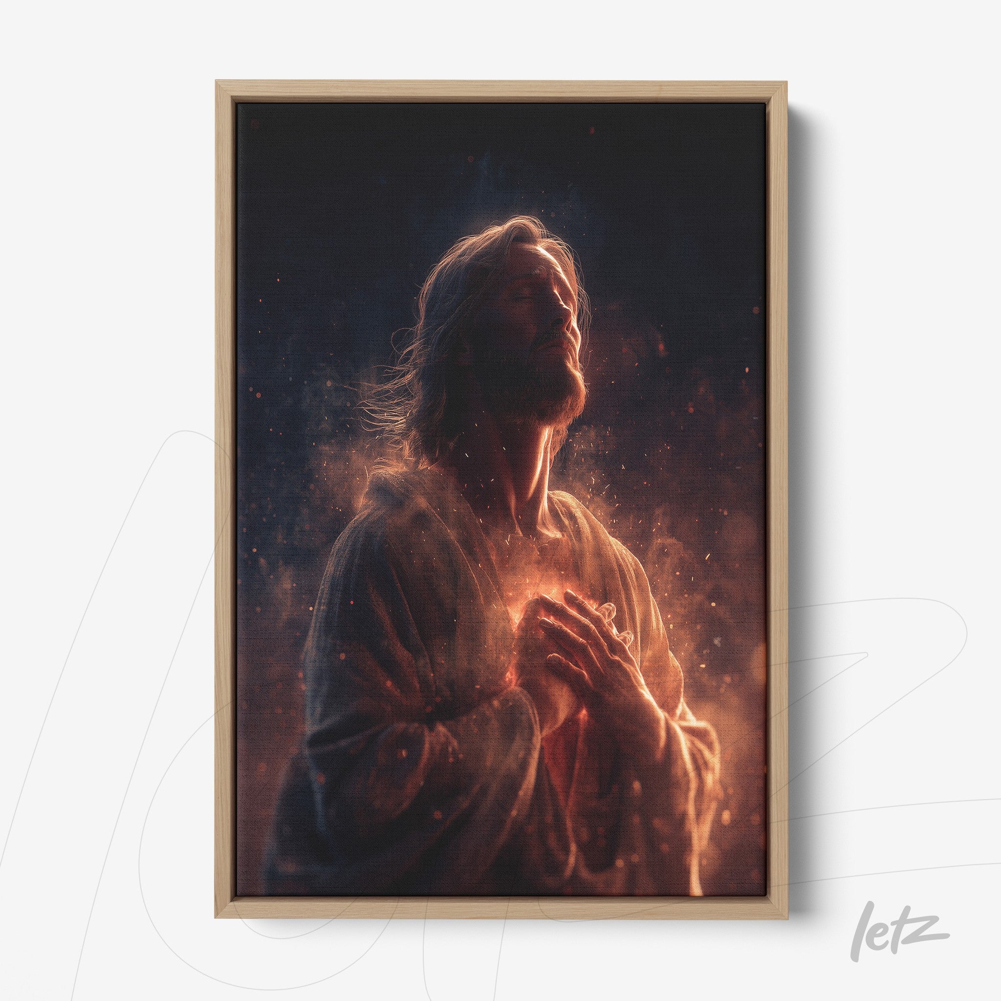 spiritual wall art depicting Jesus in warm tones with light wooden frame