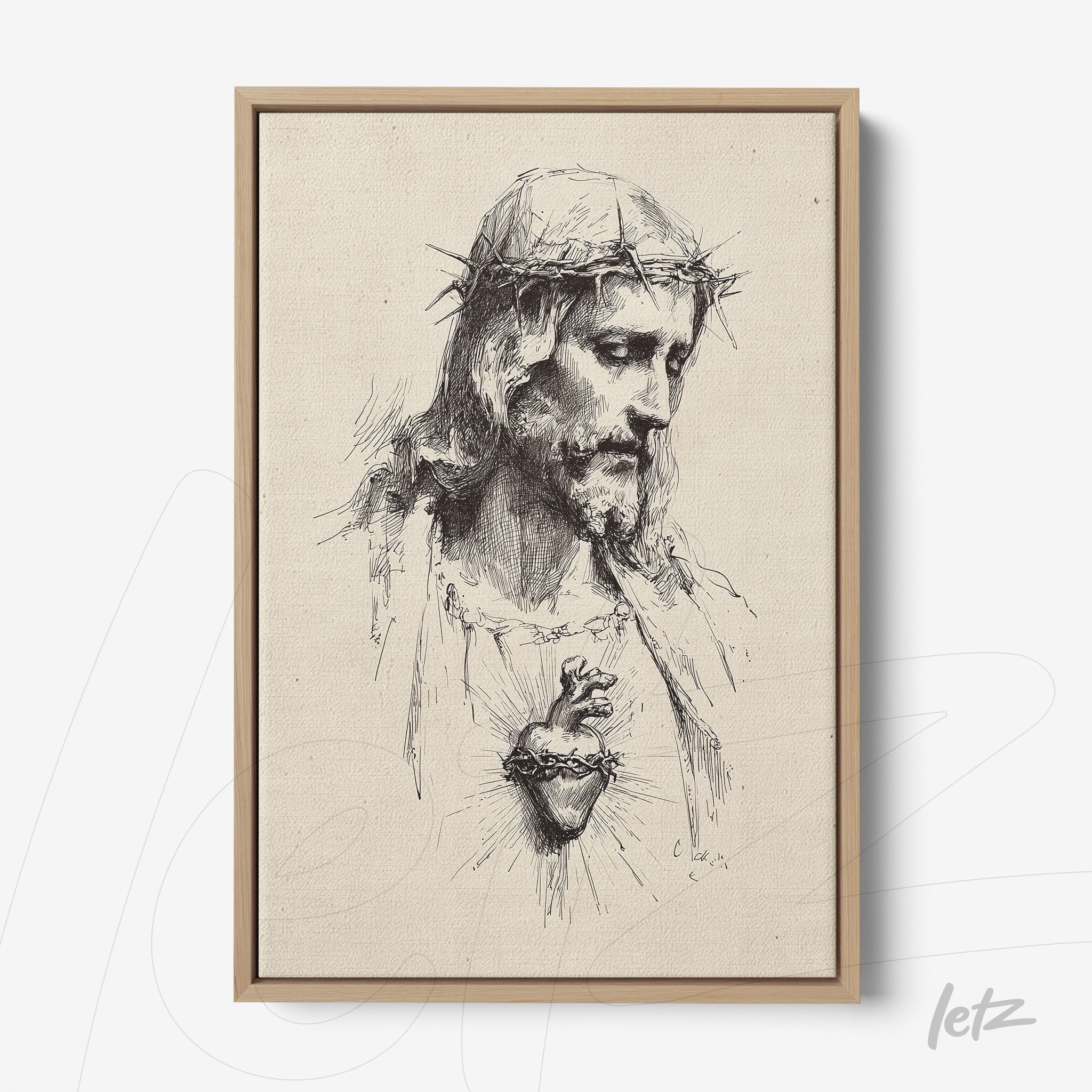 canvas art featuring a realistic illustration of Jesus Christ emphasizing the Sacred Heart in a light wood frame