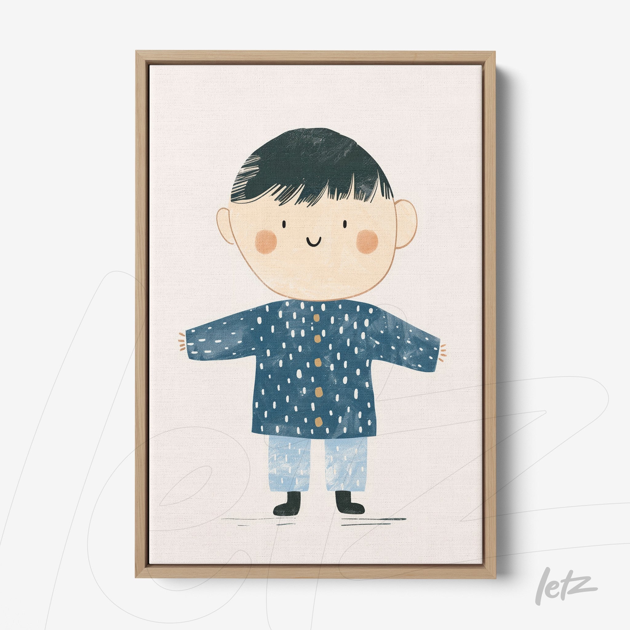 framed illustration of a smiling boy in a blue coat and light pants with a natural wood frame