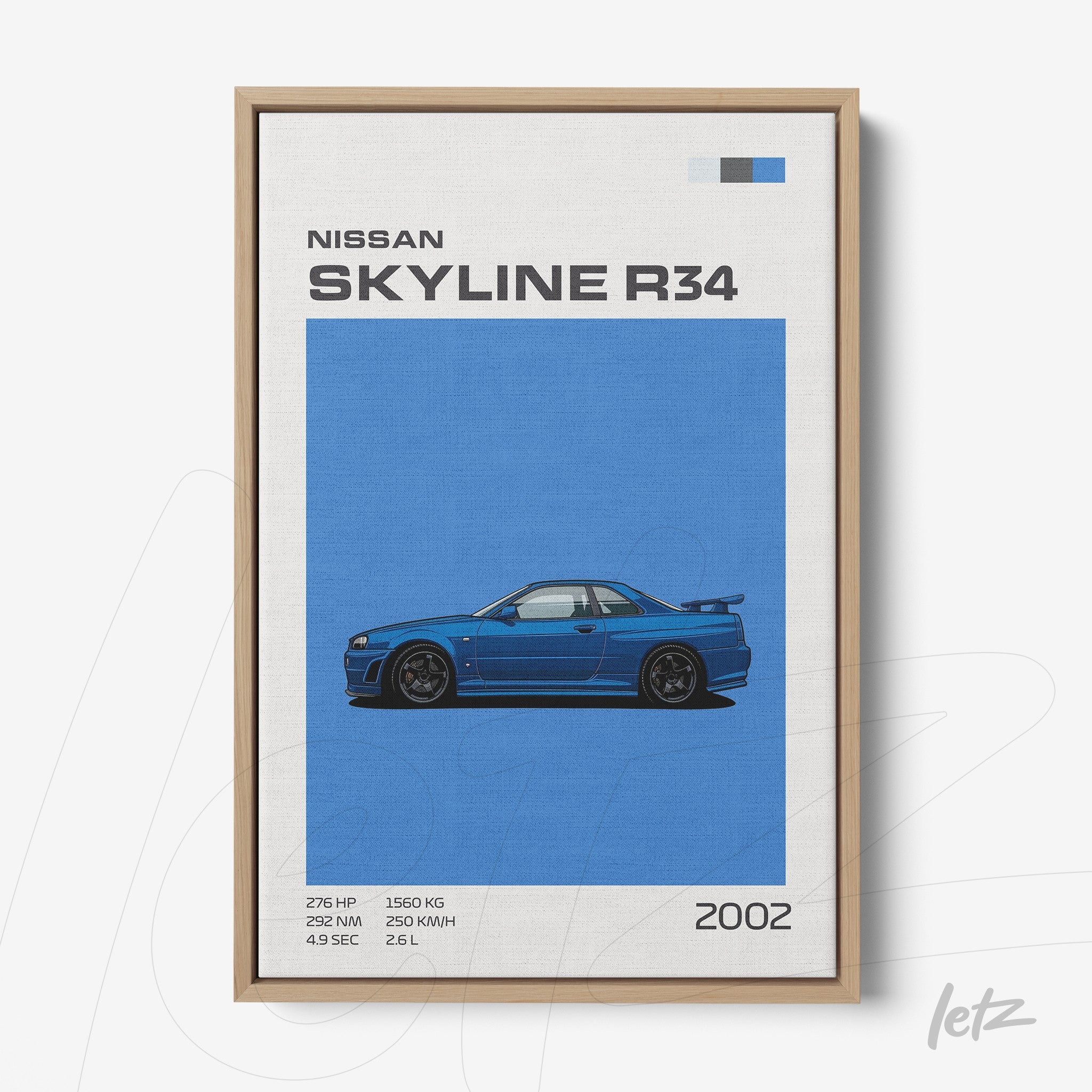 framed artwork featuring the Nissan Skyline R34 in light wood frame