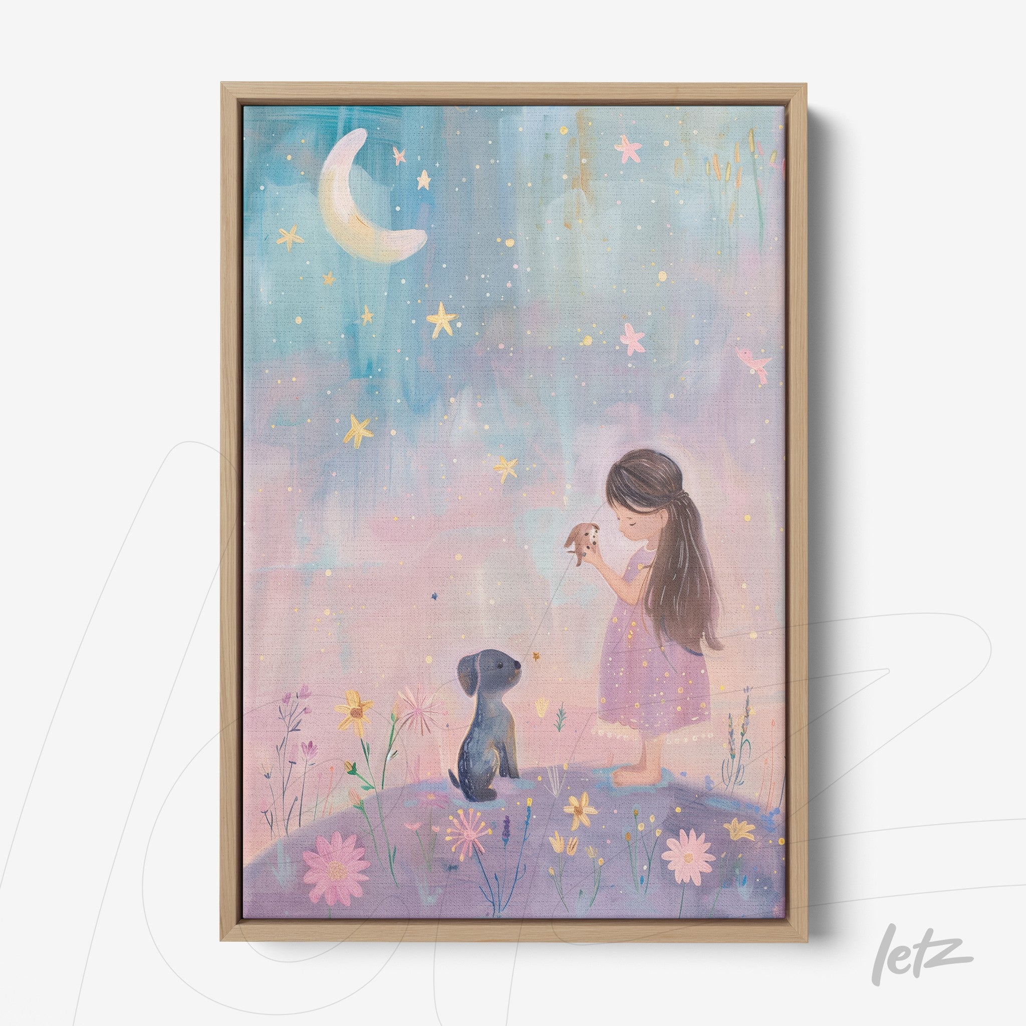 framed children’s art depicting a girl holding a bird in front of a dog, with a pastel background and floral details
