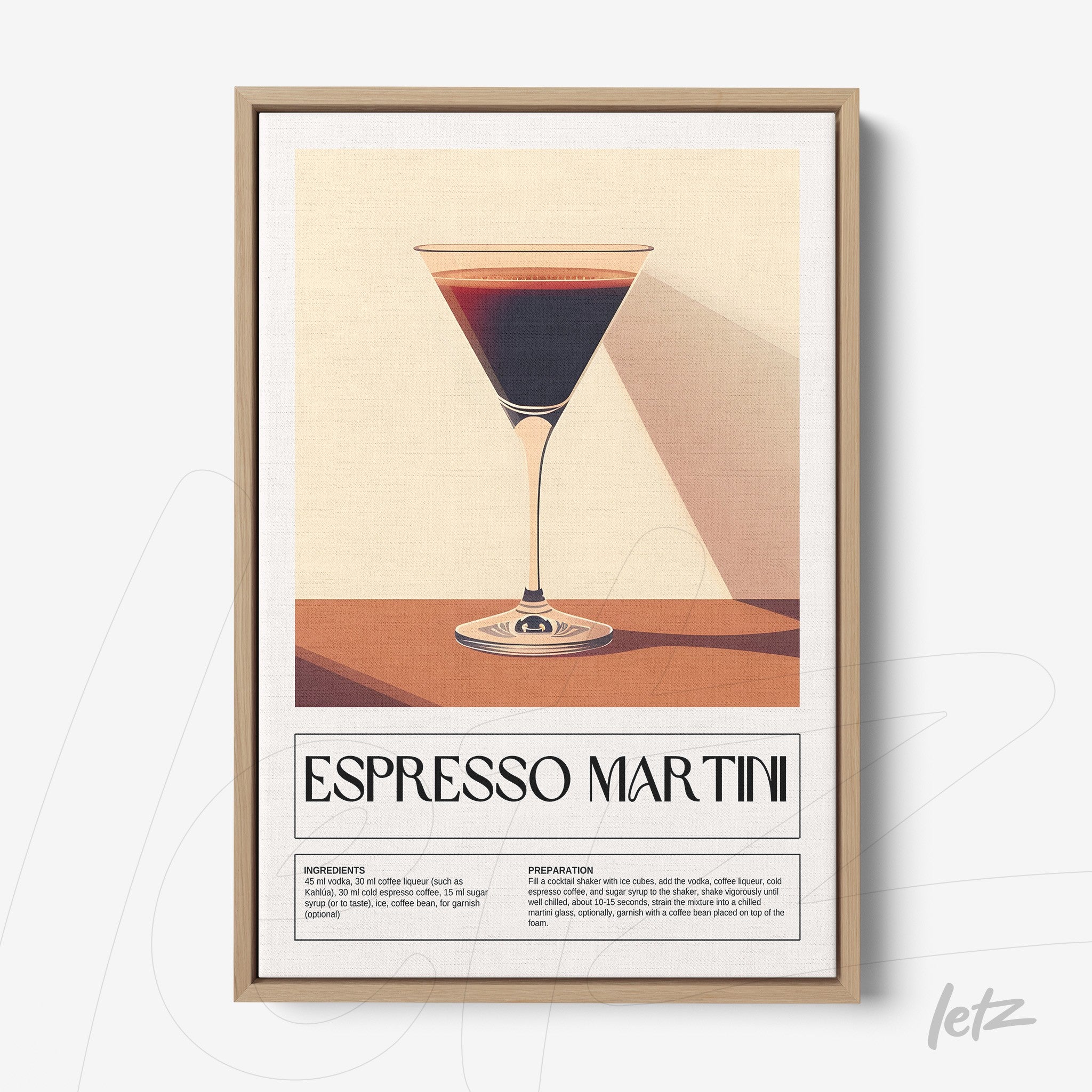 framed artwork featuring a stylized espresso martini in a light wood frame