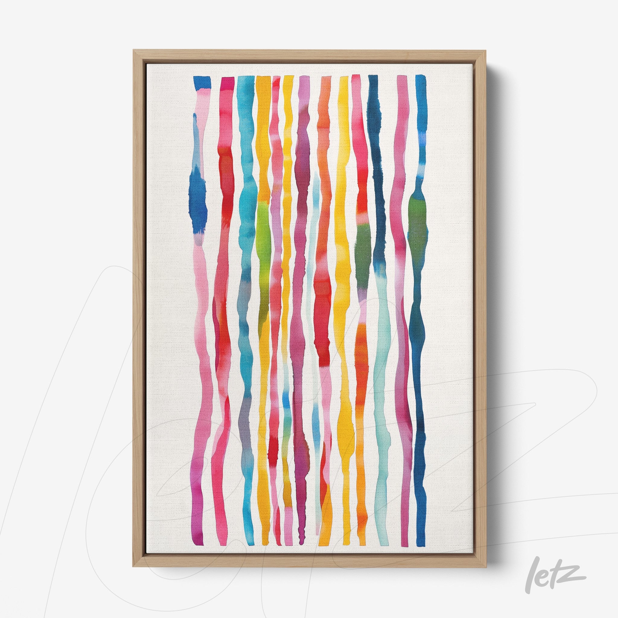 framed abstract watercolor art featuring colorful stripes in light wood frame