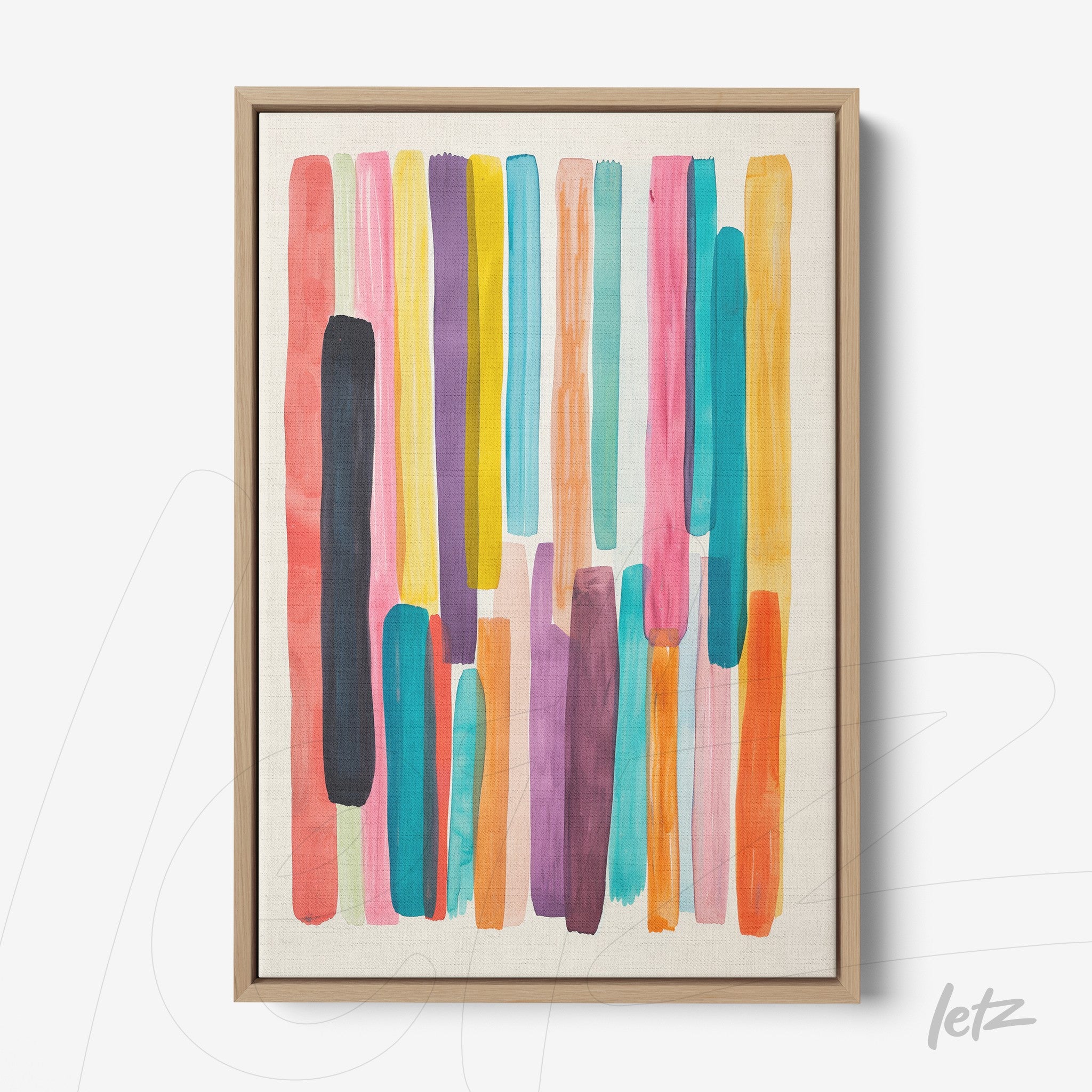 framed artwork featuring colorful abstract brush strokes in light wood frame