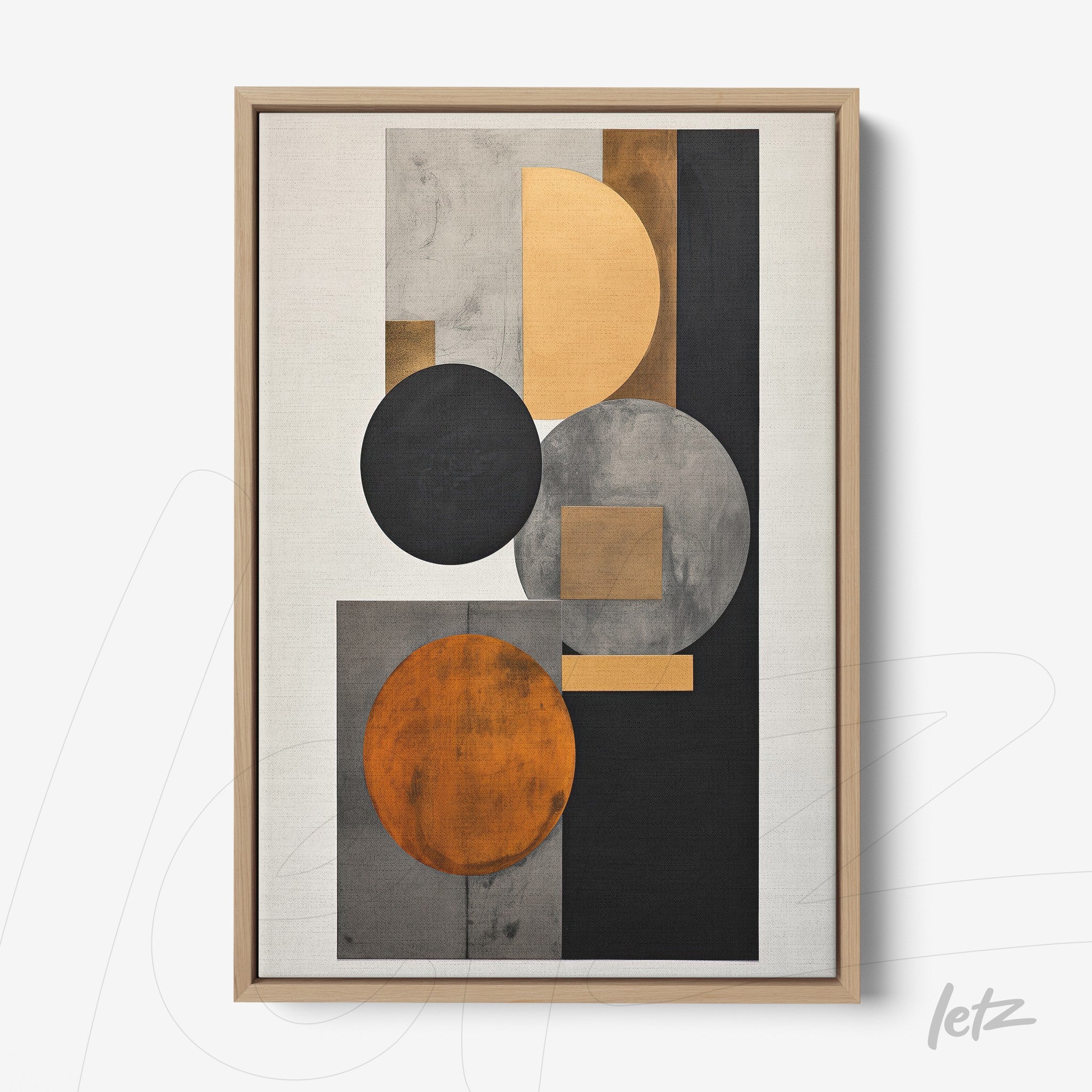 abstract wall art featuring circles and geometric shapes in shades of orange, gray, and black framed with a light wood frame