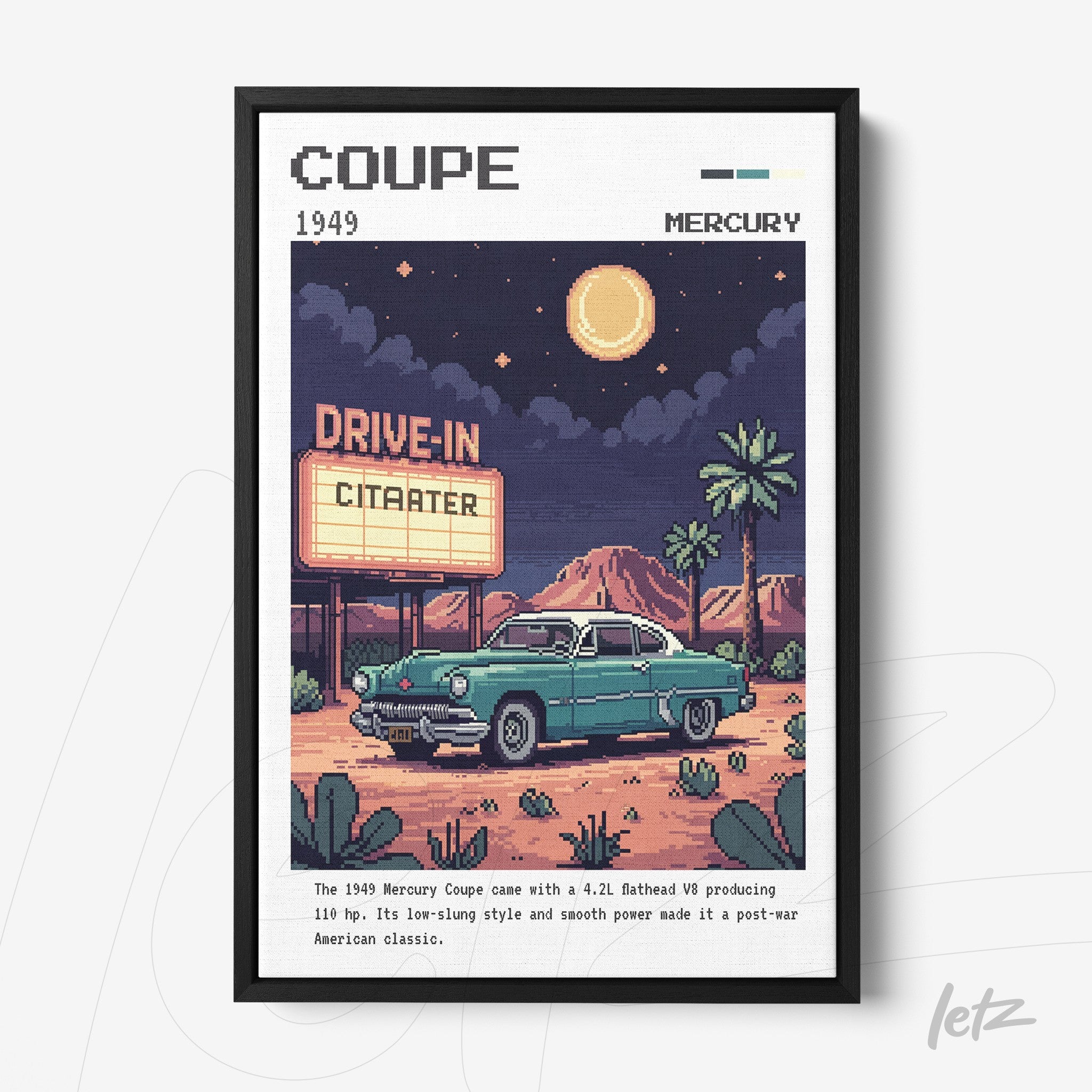 framed retro art of a 1949 mercury coupe in front of a lit drive-in at night with a starry sky