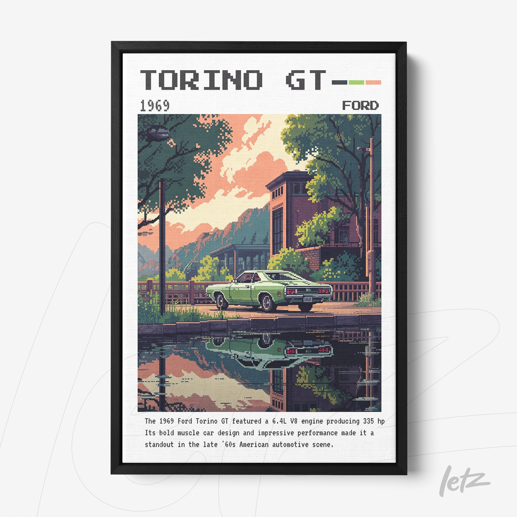 pixel art of a 1969 ford torino gt parked in front of a vintage building