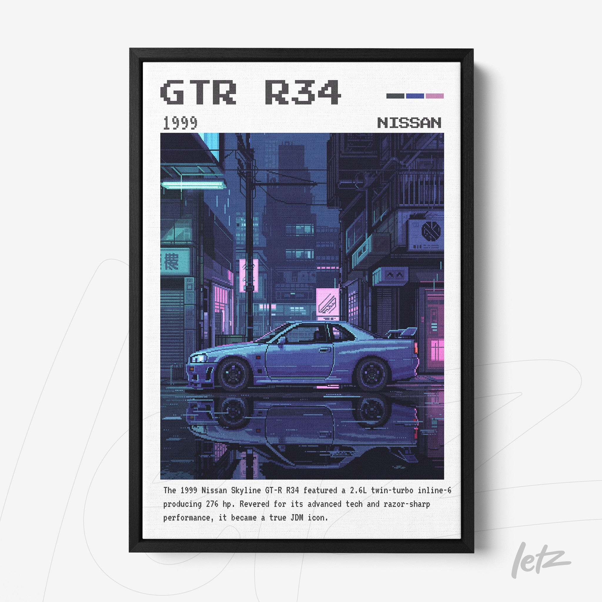 pixel art of a Nissan GTR R34 in a neon cityscape with a black frame