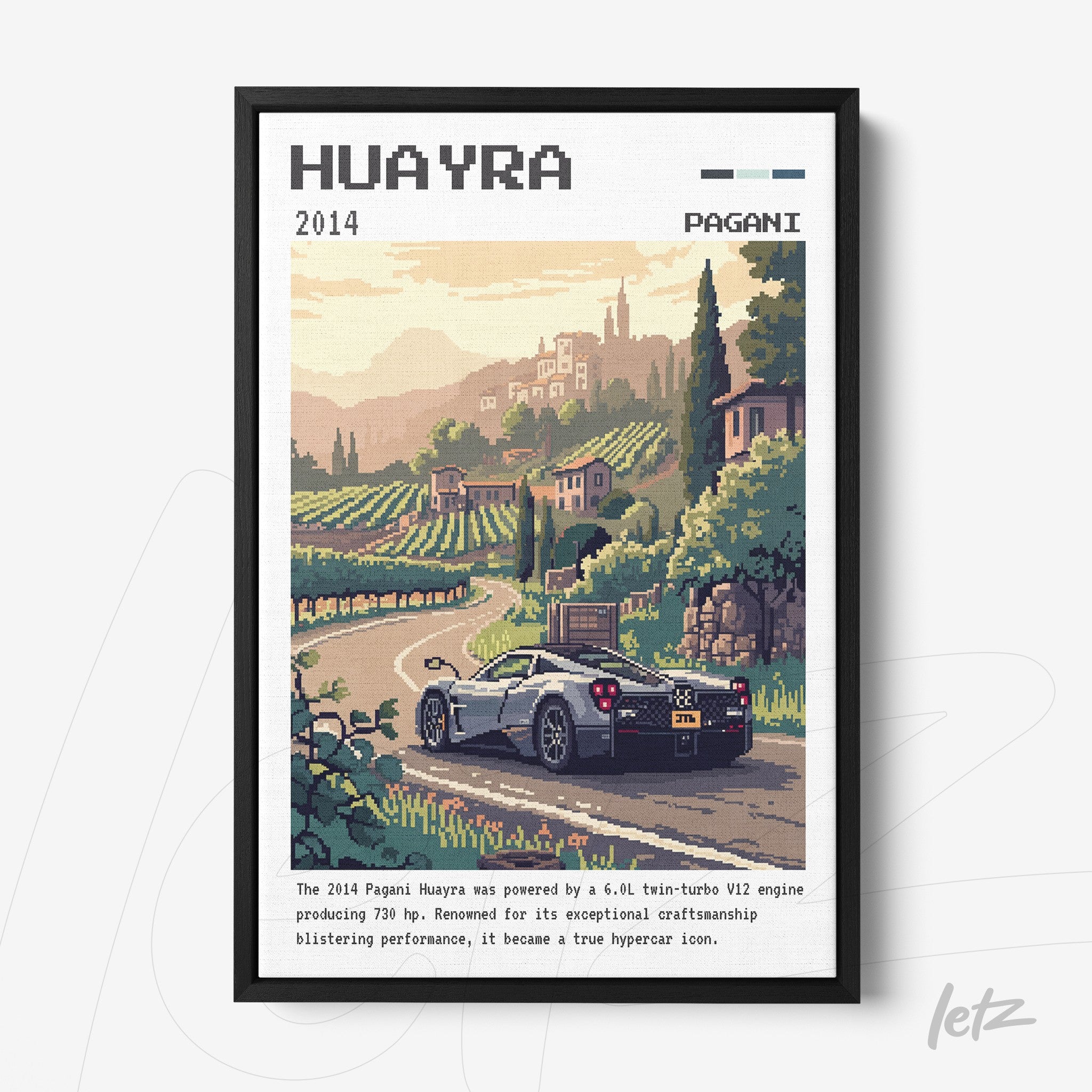 decorative wall art featuring pixel art illustration of Pagani Huayra supercar on a road surrounded by vineyards and mountains