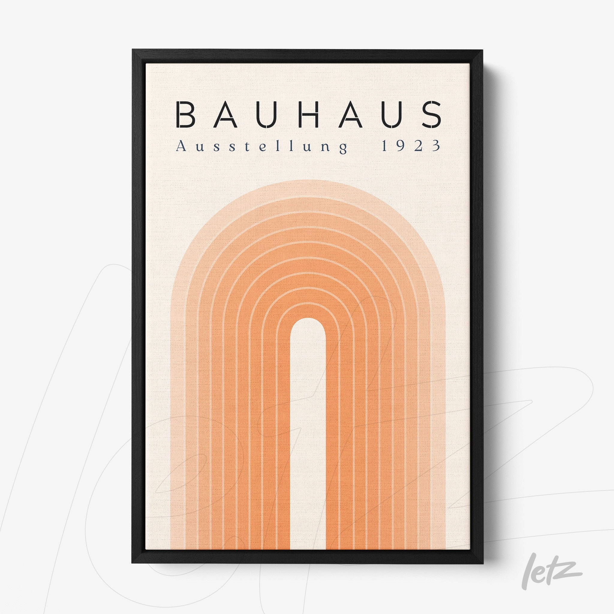poster featuring geometric arch design in orange tones with bauhaus ausstellung 1923 text black frame