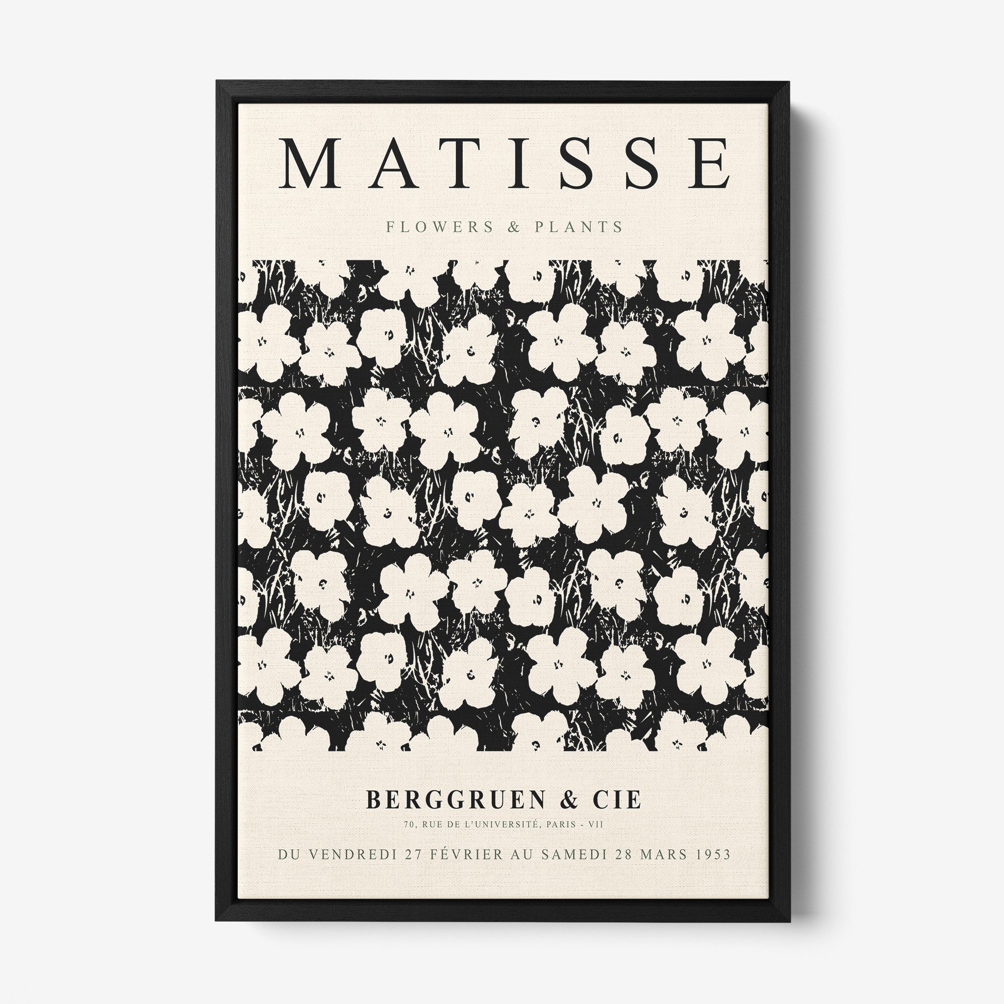framed vintage style artwork featuring white flowers on a black background, with a sturdy black frame