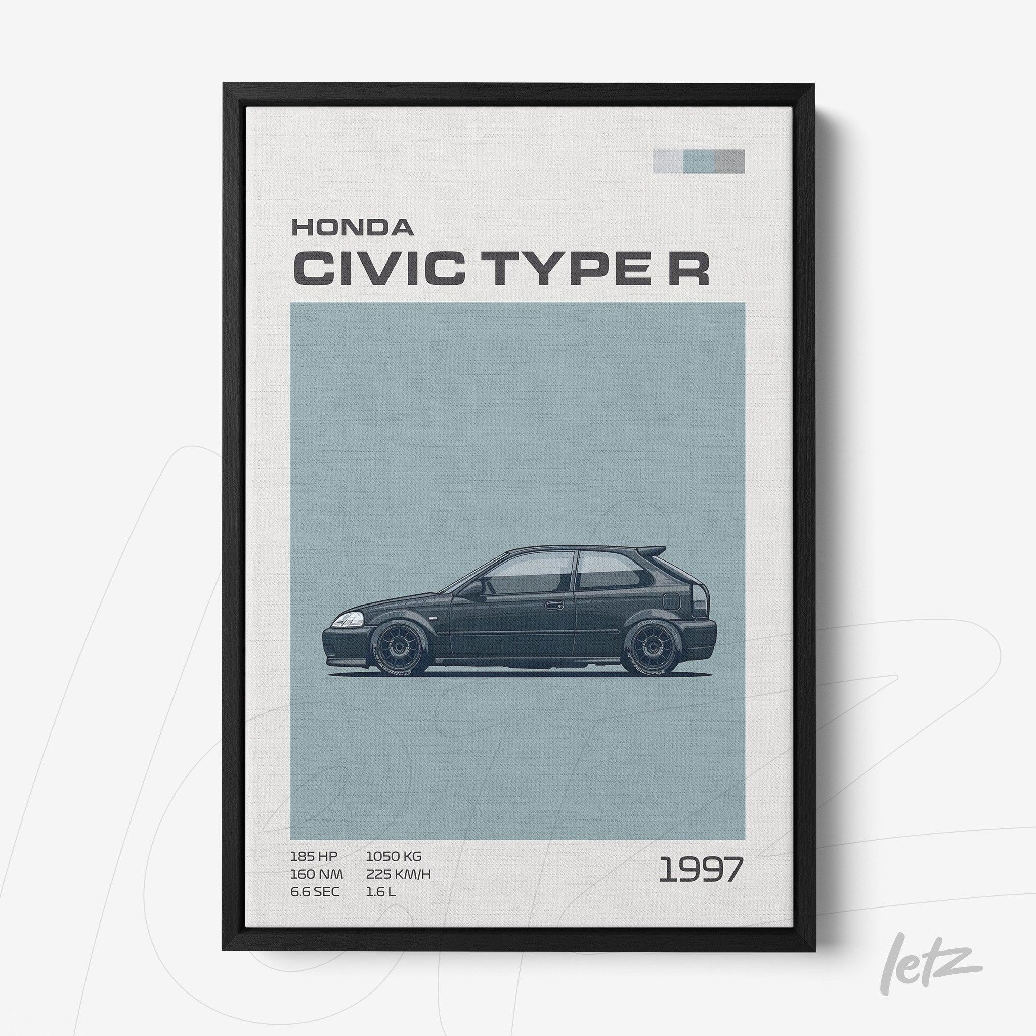 framed artwork featuring a minimalist illustration of a 1997 Honda Civic Type R with black frame