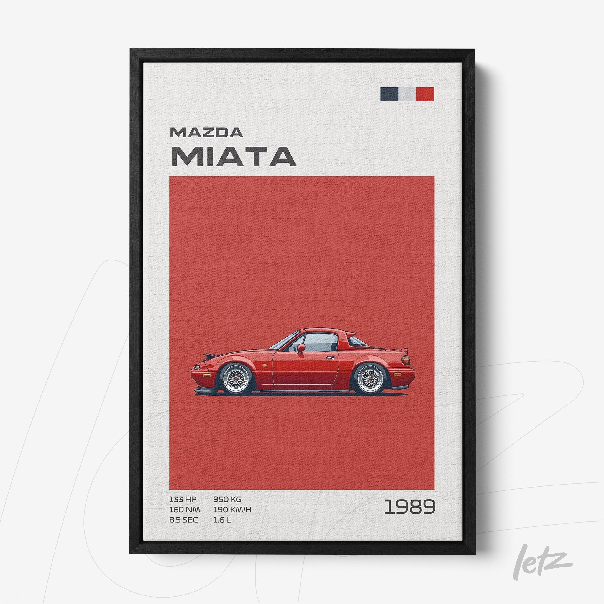 framed minimalist illustration of Mazda Miata car on red background with black frame