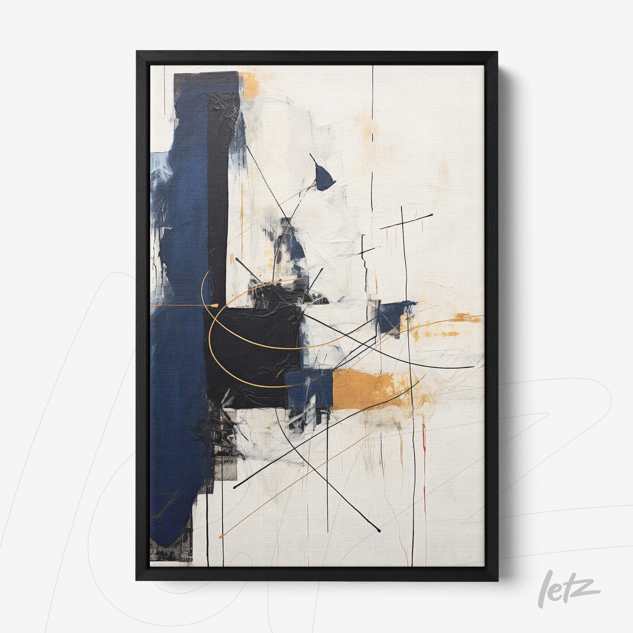 abstract wall art with light background, navy blue accents, golden lines and geometric compositions in black frame