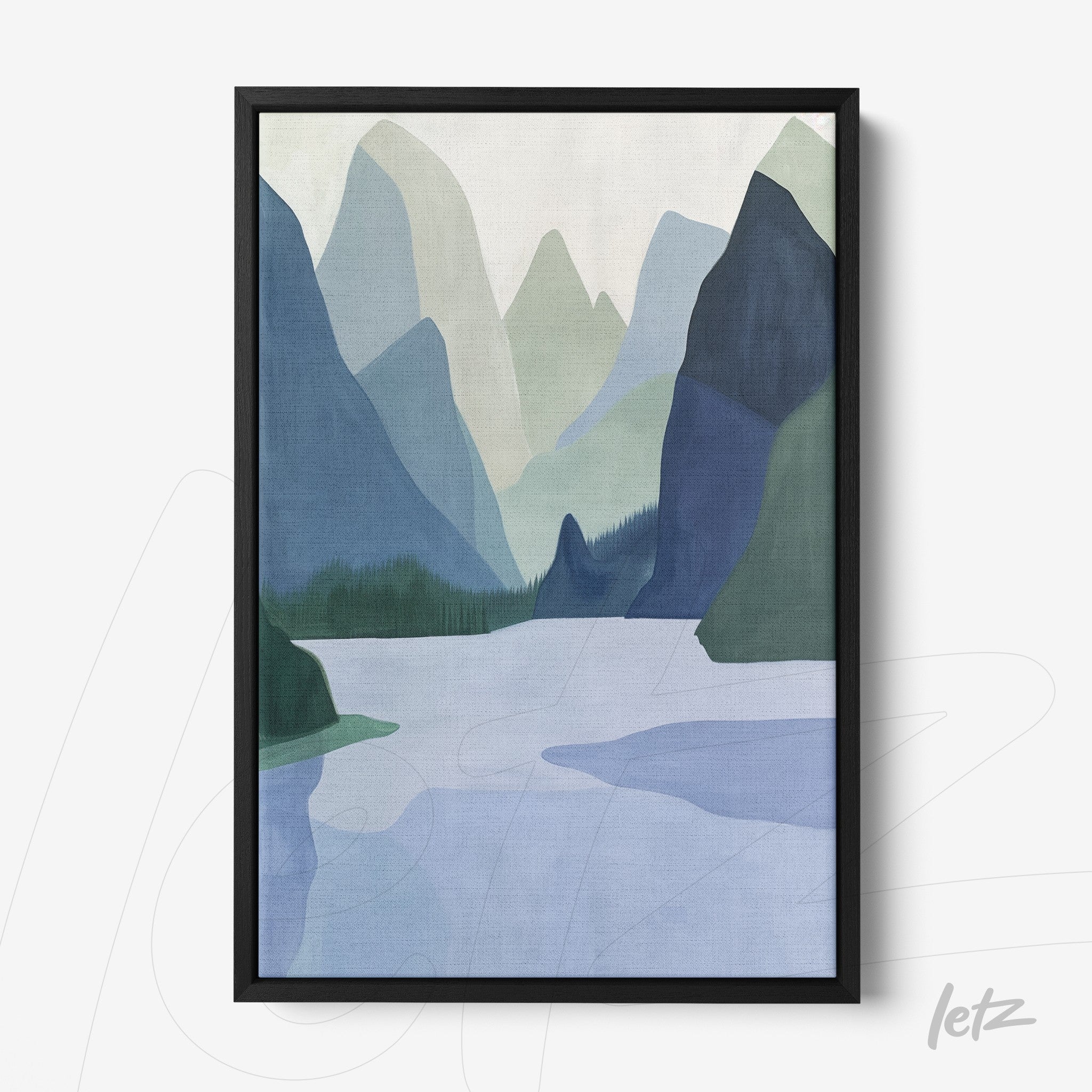 framed abstract art of a mountainous landscape in shades of blue