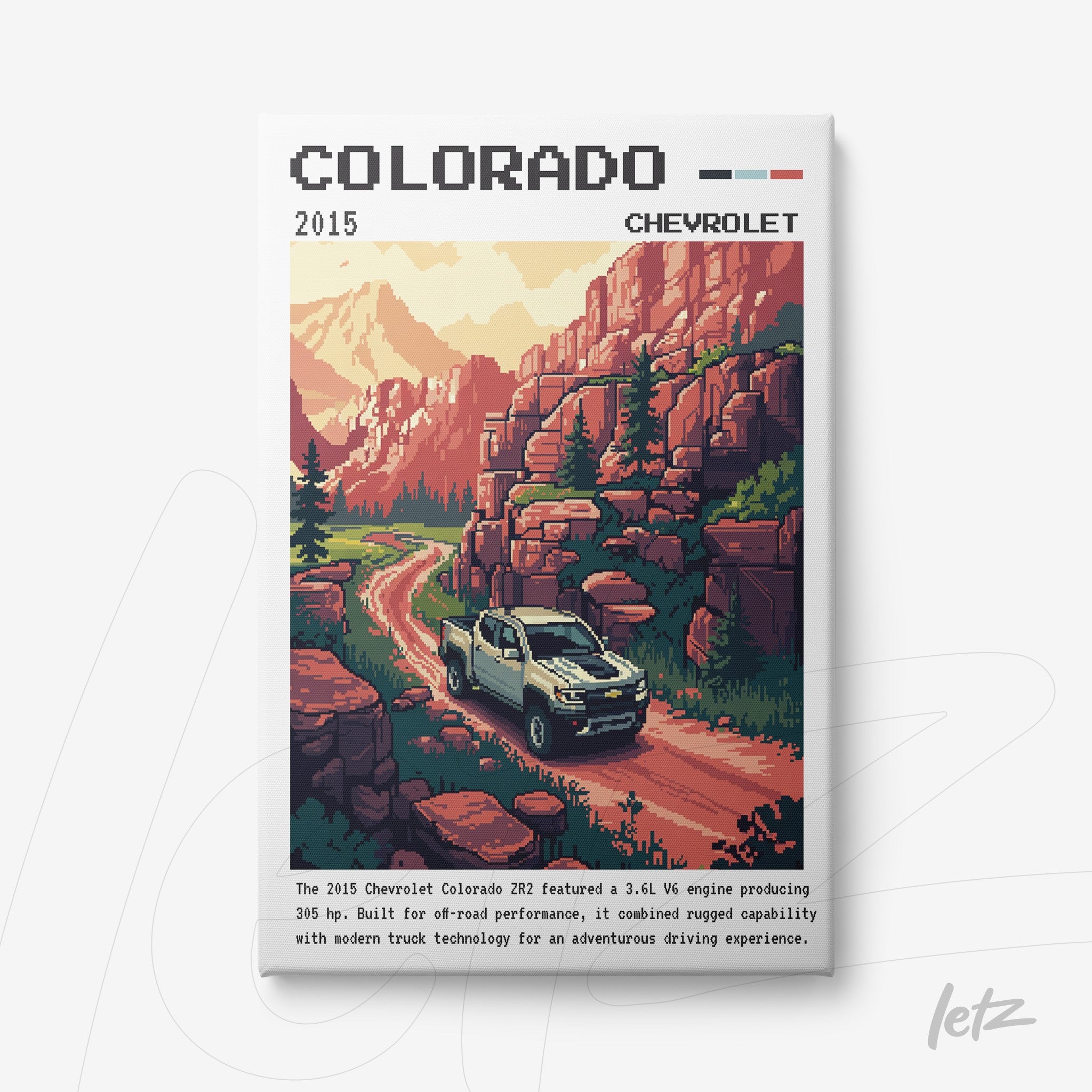 retro style framed art of 2015 Chevrolet Colorado on a mountain road with red rocks in the background
