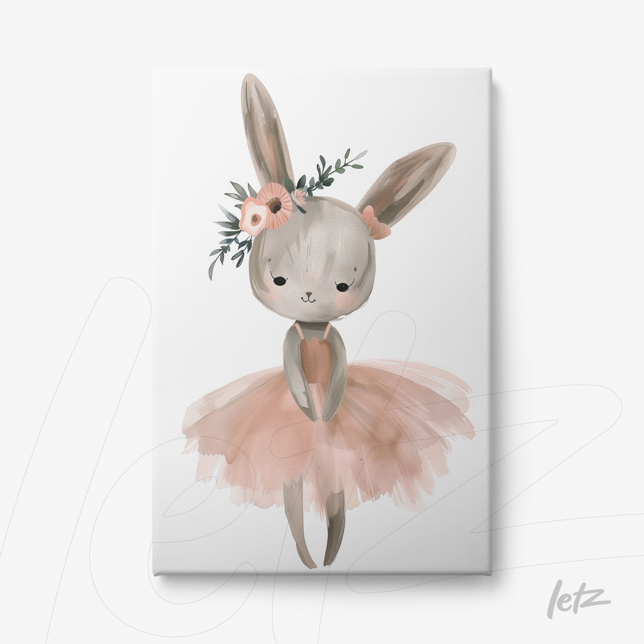 canvas art of a bunny in a pink tutu adorned with flowers on its head