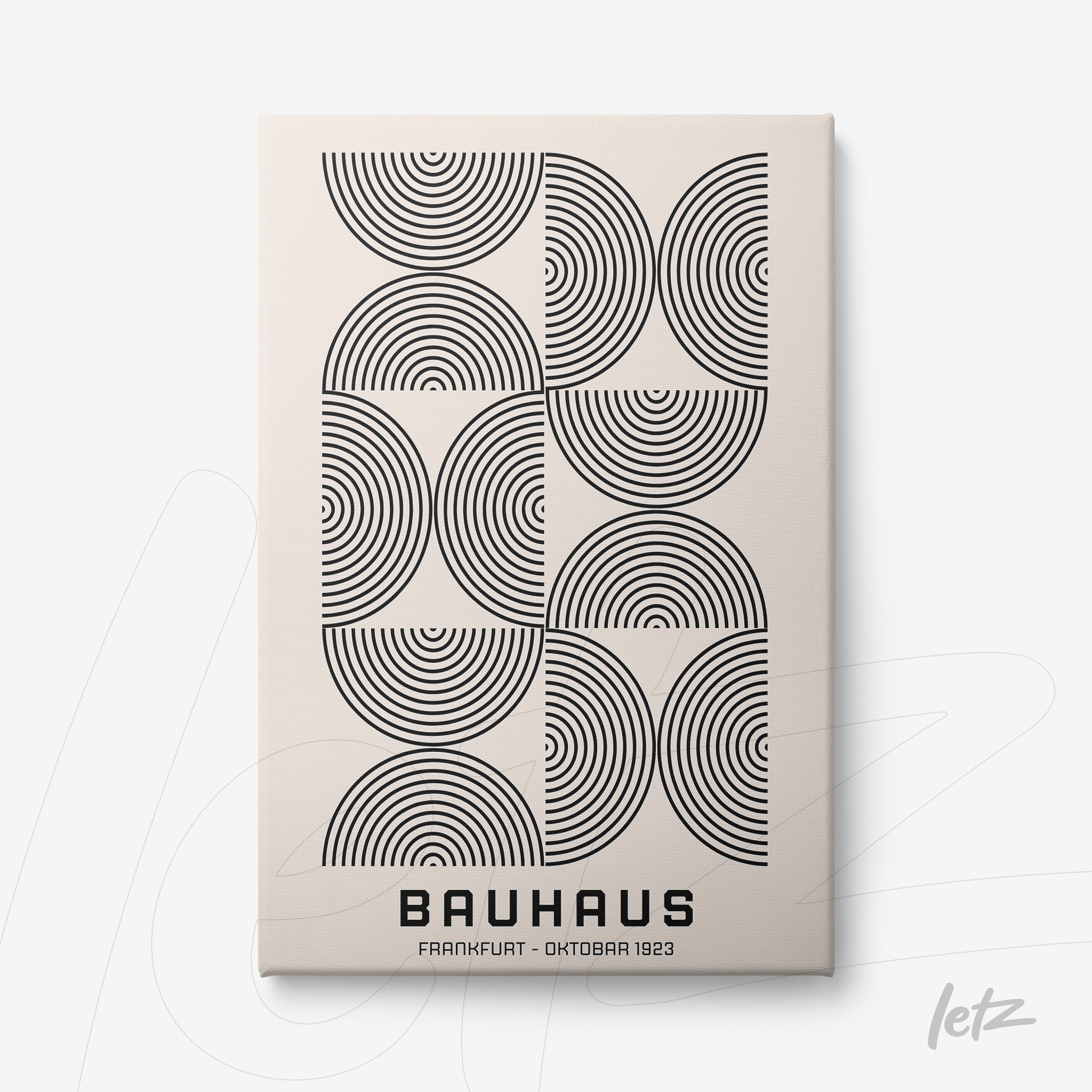 poster print featuring black and white geometric art with concentric semicircles on a cream background, text includes bauhaus frankfurt october 1923