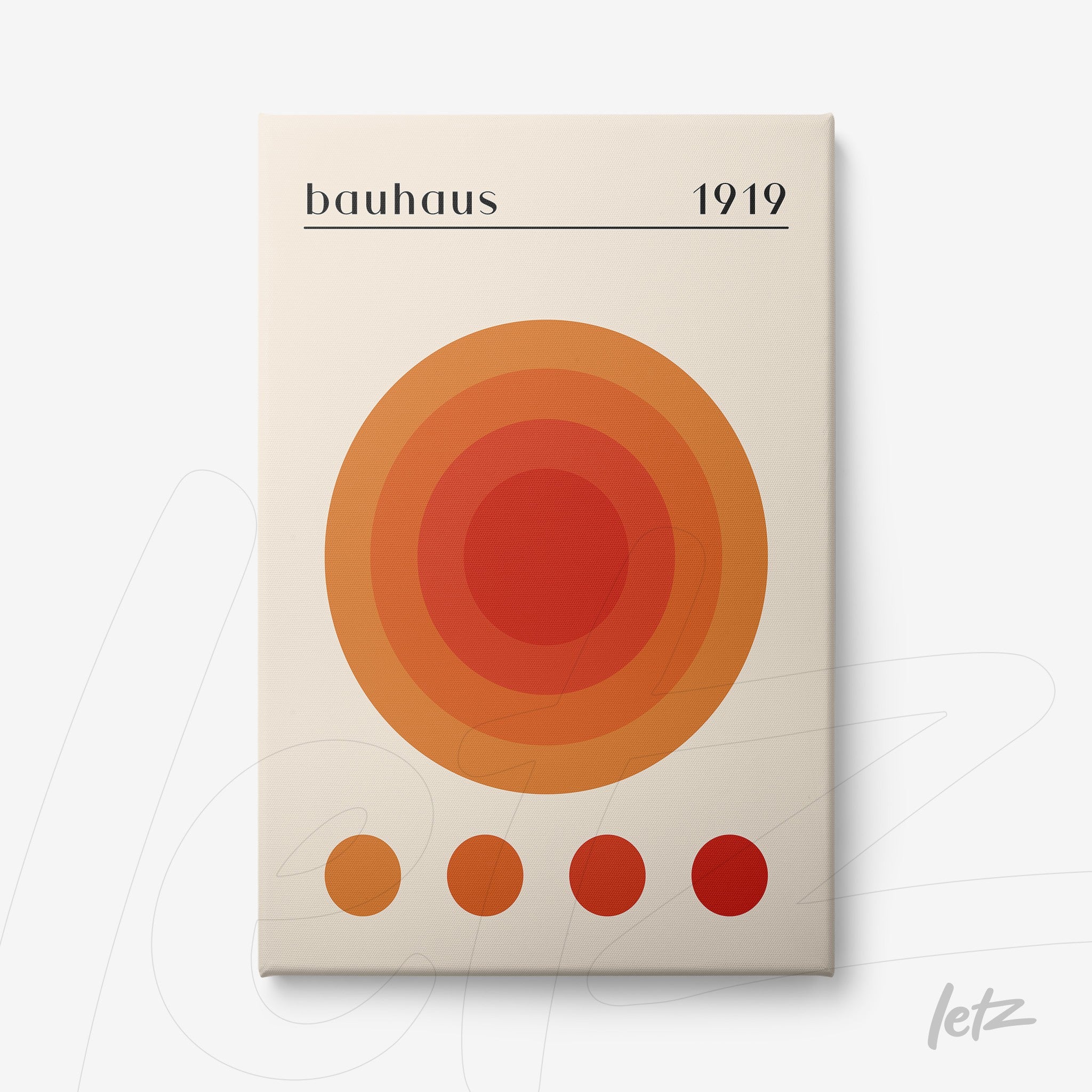 canvas art with minimalist Bauhaus style featuring concentric circles in shades of orange and red on a cream background