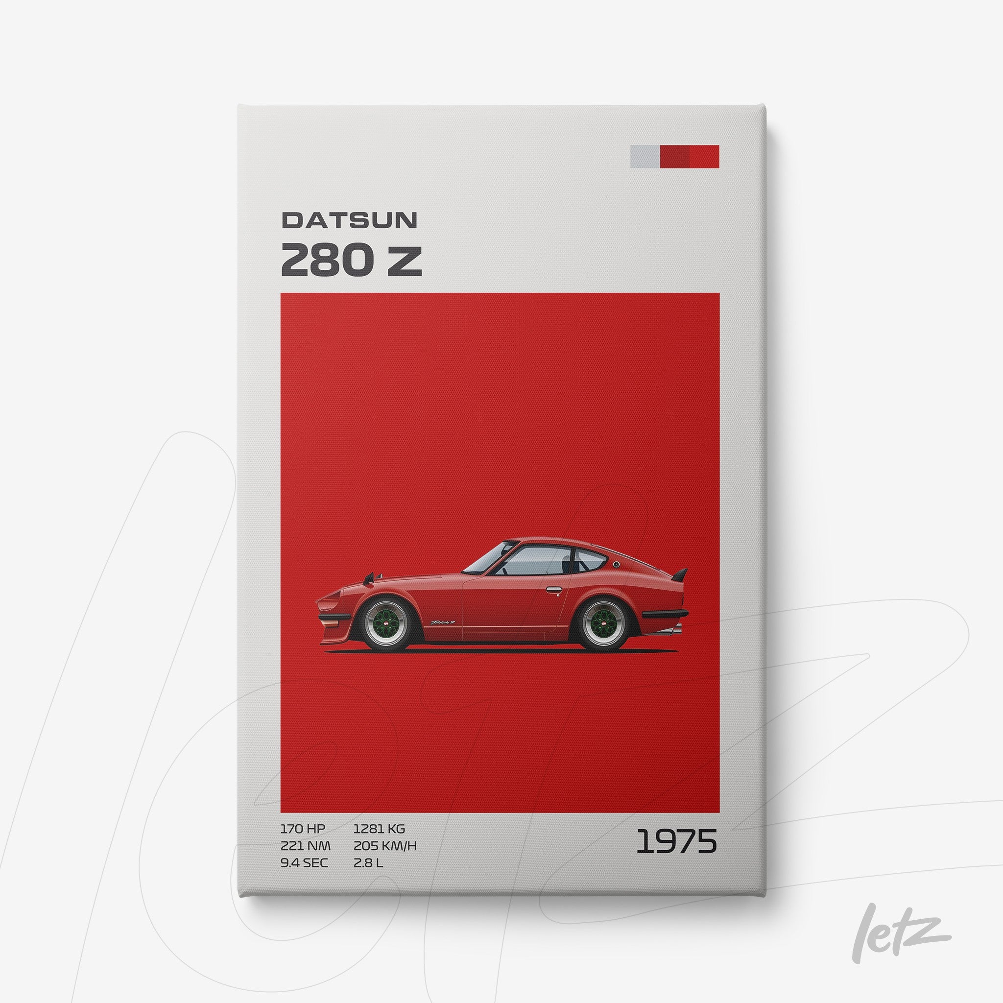framed artwork featuring a stylized illustration of the Datsun 280 Z on a vibrant red background with a white frame