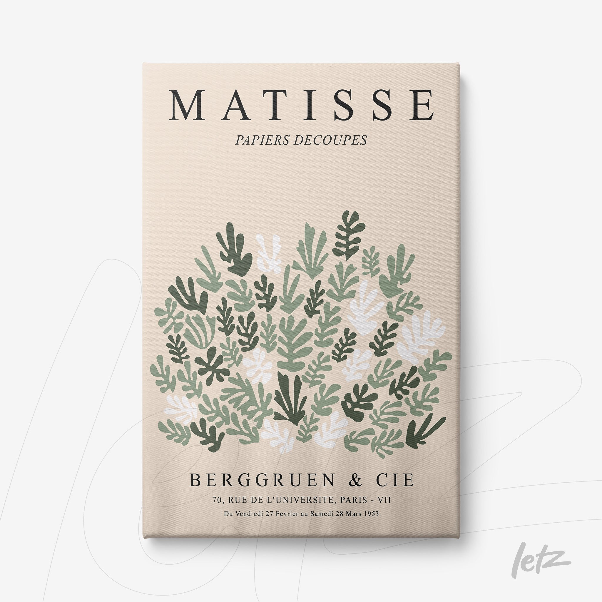 framed wall art featuring a composition of leaves and flowers in shades of green and white on a light beige background