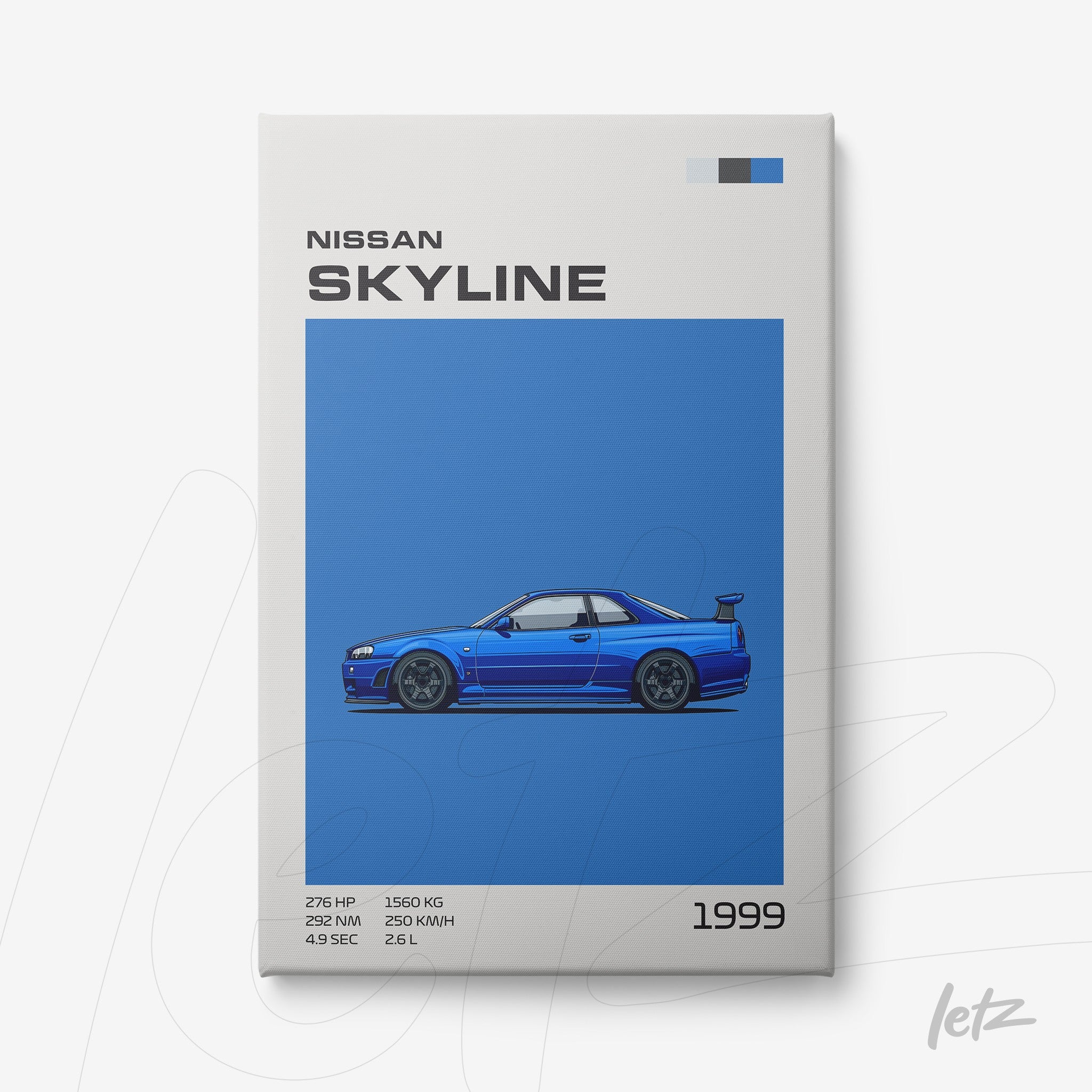 digital artwork of 1999 Nissan Skyline sports car on blue background with modern typography
