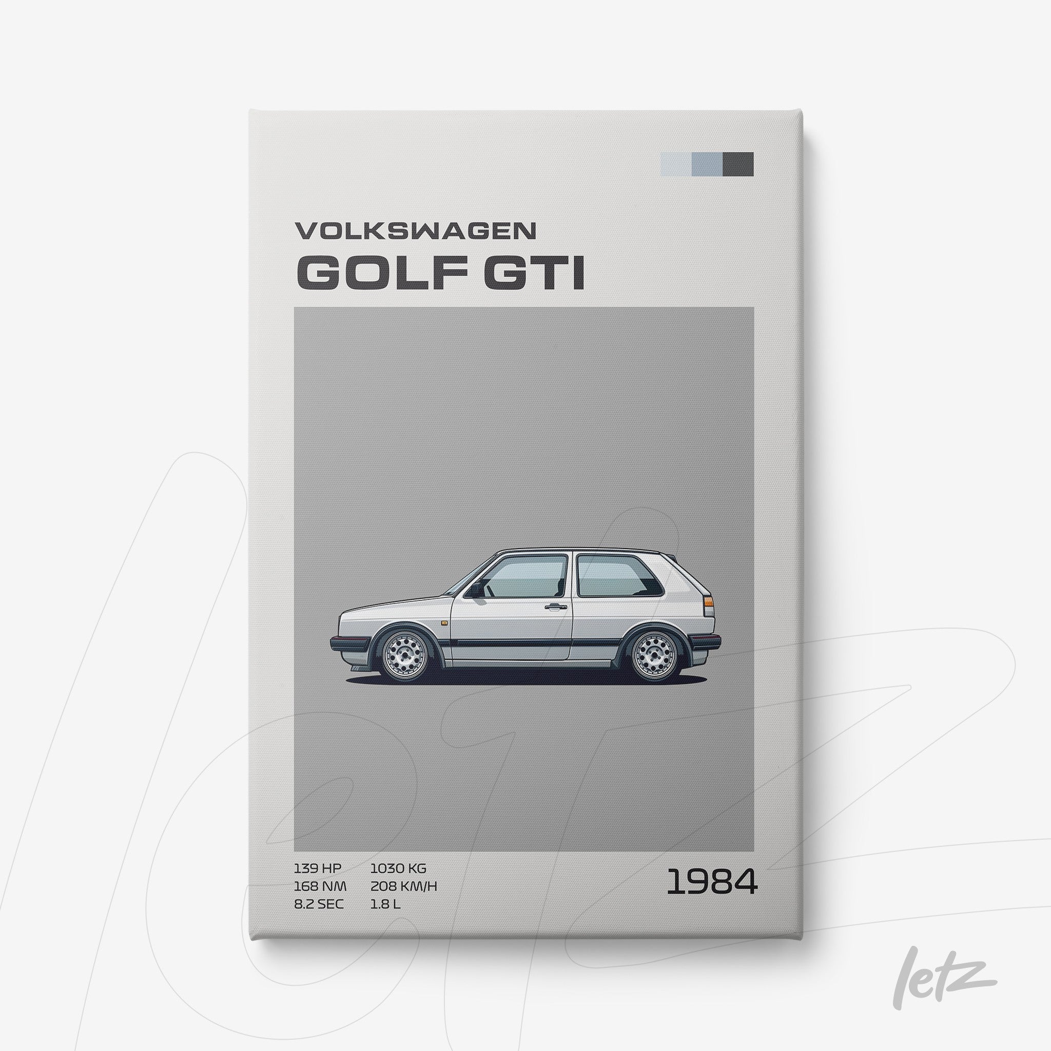 framed illustration of a 1984 Volkswagen Golf GTI on a light gray background